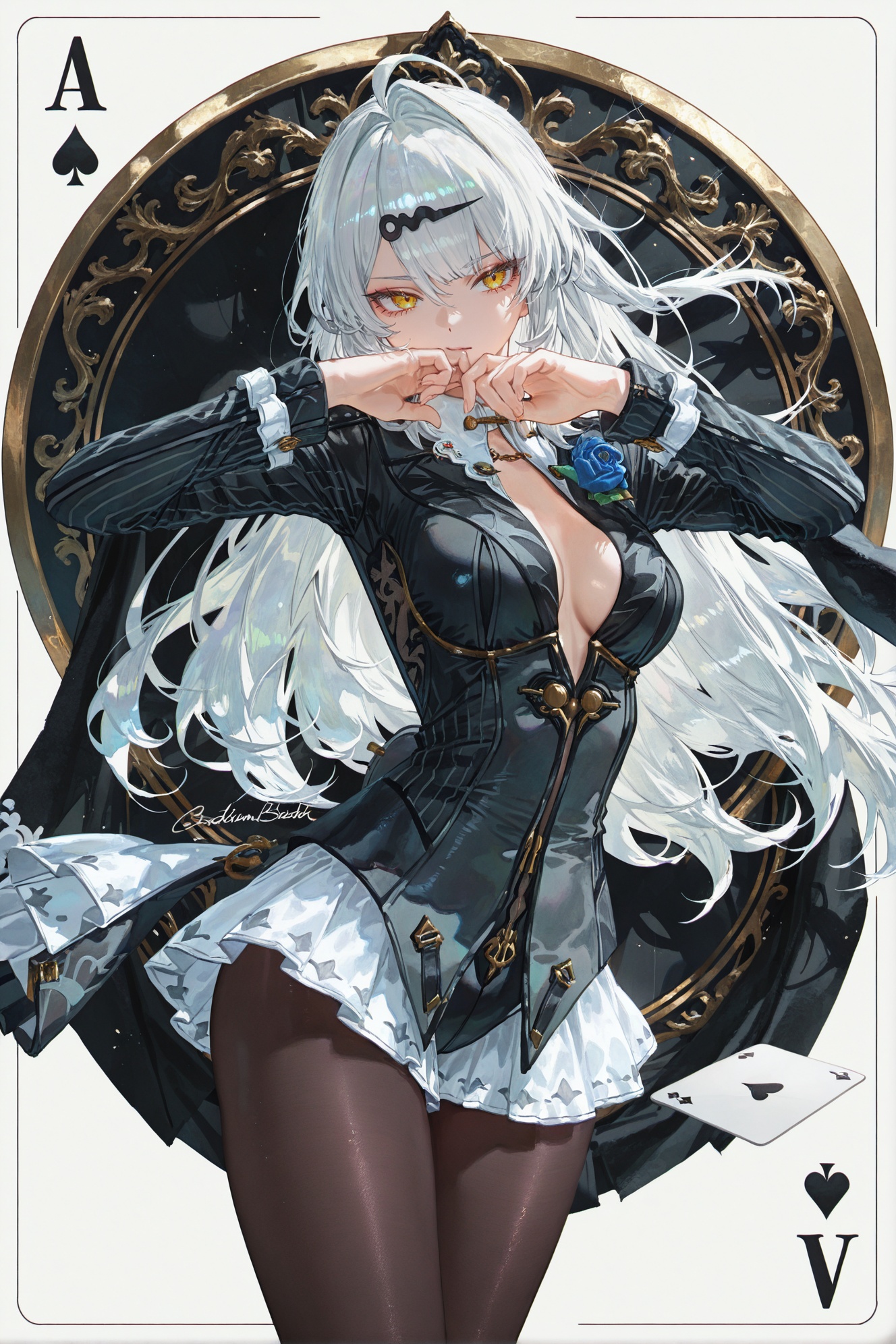 Poker background,poker design,real poker,ace,♠️A,White background,simple background,white theme,folds,close your mouth,poker card,card,solo,monochrome,poker Poker ♥,Trump card,card,poker,ace (playing card),joker_(playing_card),((artist:betabeet)),artist:john_kafka,artist:nixeu,artist:quasarcake,((artist:reoen),(artist:fuzichoco),(artist:atdan),(artist:torino_aqua),year 2024:0.8),(by xilmo, by modare, by reoen:1.1),(hyperrealistic:1.1),(high_contrast:1.1),(holy_(\theme\):1.2),(card_\(theme\):1.1),solo,(white-color-scheme:1.1),Character card,thick line,solo,card border,frame pattern,facial lighting,",Poker,<lora:yixuan-ill-Tanger:0.9>,yixuan \(Zenless Zone Zero\),clothes: moxing black suit,1girl,breasts,long hair,black pantyhose,yellow eyes,silver hair,