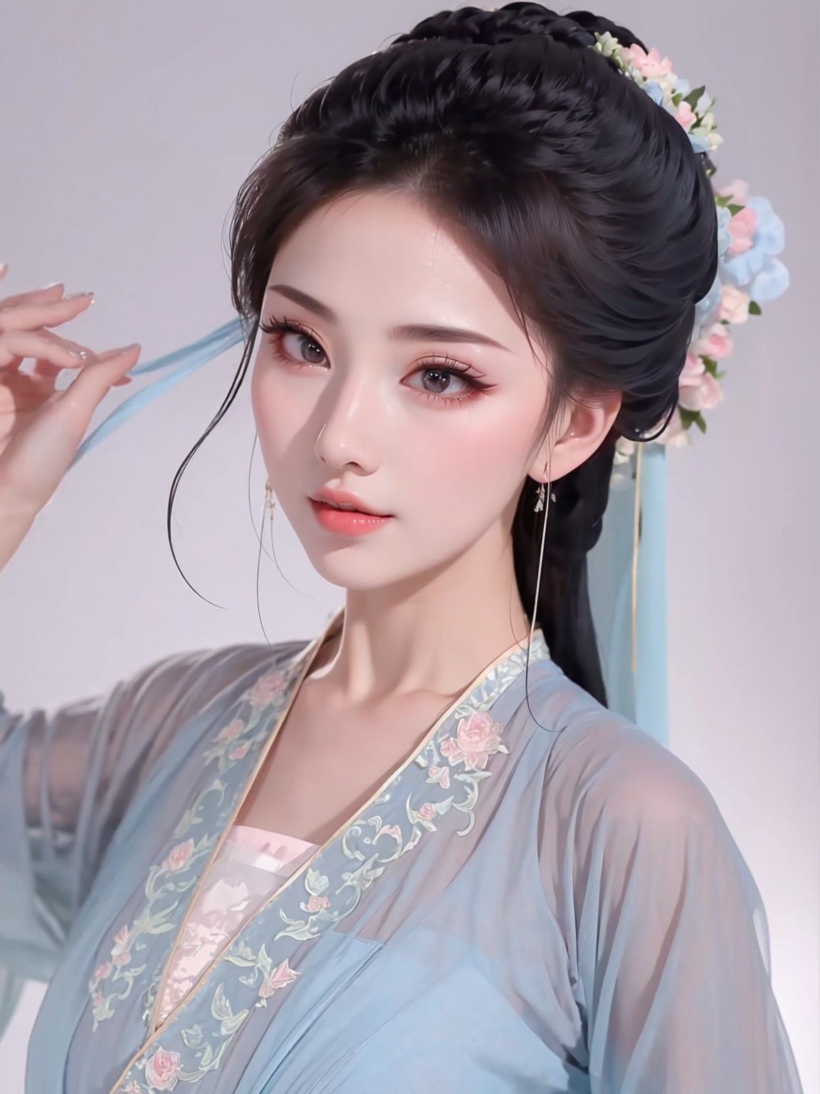 1 girl,diamond earrings,headwear,with heavy makeup,Moisturizing red lips,eye makeup,black hair,close-up,realistic,lace-trimmed_hairband,hanfu,solo,<lora:粉色汉服1.1:1>,
