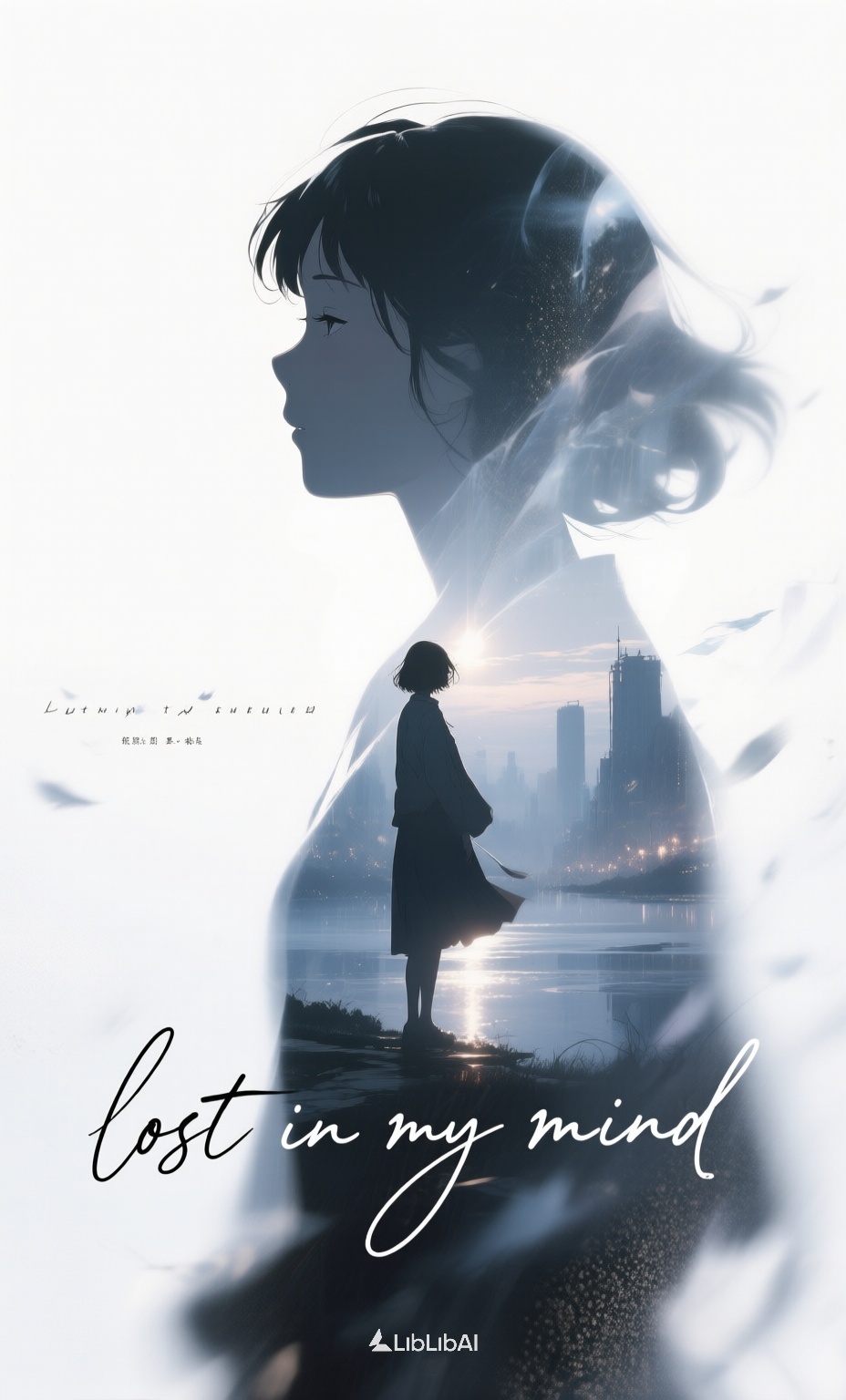 治愈系动画,海报设计视觉写意,夸张视角,朦胧,冷色,白色氛围,近景模糊隐约女生人像剪影与清晰远处场景的多重完美融合重叠,形成奇幻意境,动态模糊,迷幻,光影美学,朦胧美学,多重曝光,暗调与高曝,拖影,失焦,近景失焦虚化,颗粒感,强烈的胶片颗粒感,抽象,漫延,梦核,光朦,大面积留白,摄影获奖作品,电影场景,超现实,高级感,杰作,模糊笔触英文信息解析点缀,纤细流畅手写小字"lost in my mind",, Negative prompt: ng_deepnegative_v1_75t,(badhandv4:1.2),EasyNegative,(worst quality:2),多手指,多手臂,多脚,,nsfw, Steps: 28, Sampler: Euler, CFG scale: 3.5, Seed: 408685125, Size: 928x1536, Model hash: 98763a1277, Model: Qwen-Image_1.0.safetensors, Denoising strength: 0, RNG: CPU, Lora 1: 治愈系动画, Lora Hash 1: f84af1927a, Lora Weight 1: 0.9, vae_name: automatic