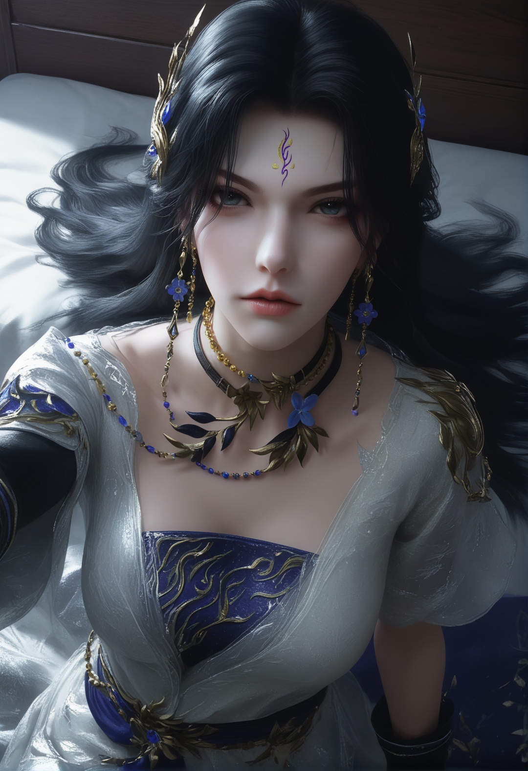 supermodel,score_8_up,score_7_up,hyperdetailed,hyperrealistic,volumetric lighting,focus on face,textured skin,eye lighting,SkinHairDetail,zPDXL,intricate and refined delicate details,unreal engine,very attractive,ultra high res,Expressiveh,realistic skin,score_9,score_8_up,score_9,score_8_up,1 girls,high cold face,yujie,perfect round large,breasts,jewelry,beautiful eyes,detailed eyes,breast,<lora:/曦和岚月门复仇:0.8>,black hair,closed mouth,dress,earrings,facial mark,forehead mark,hair ornament,jewelry,lips,long hair,necklace,nose,teeth,xihe,sitting_on_bed,spread legs,