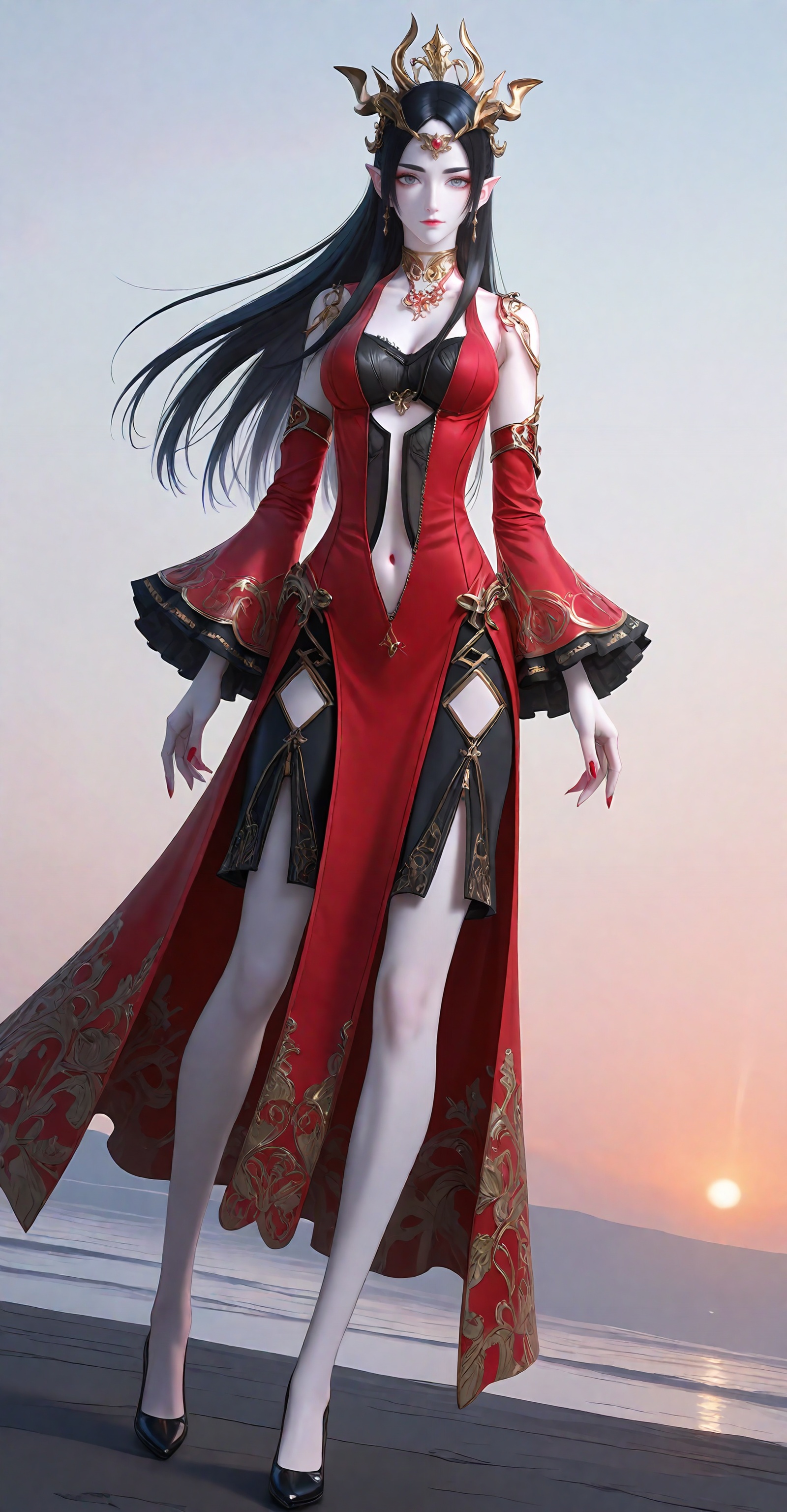 <lora:美杜莎ill-0.0798:0.8>,meidusha,1girl,solo,red dress,dress,black hair,full body,jewelry,long hair,pointy ears,detached sleeves,clothing cutout,navel,breasts,earrings,navel cutout,hair ornament,red nails,outdoor,white theme,close-up details,outstanding style,adding a touch of dimension to your images without compromising details,whirls of vapor,iridescent textures,(Anime:1.1),ethereal ambiance,delicate details,magical high-concept,32K UHD,sharp focus,best-quality,masterpiece,golden hour,unconventional supreme masterpiece,masterful details,temperate atmosphere,with a high-end texture,in the style of fashion photography,photography,cover,dynamic angle,dynamic posture,(artist:quasarcake:0.8),extreme aesthetic,(wlop:0.6),(honjou raita, lack, rella:0.5, wanke),masterpiece,best quality,good quality,very aesthetic,absurdres,visual impact,a shot with tension,ultra-high resolution,32K UHD,sharp focus,best-quality,masterpiece,emotionalization,unconventional supreme masterpiece,masterful details,temperate atmosphere,with a high-end texture,in the style of fashion photography,(visual impact:1.2),giving the poster a dynamic and visually striking appearance,impactful picture,official art,colorful,splash of color,movie perspective,masterpiece,best quality,amazing quality,very aesthetic,absurdres,best quality,newest,