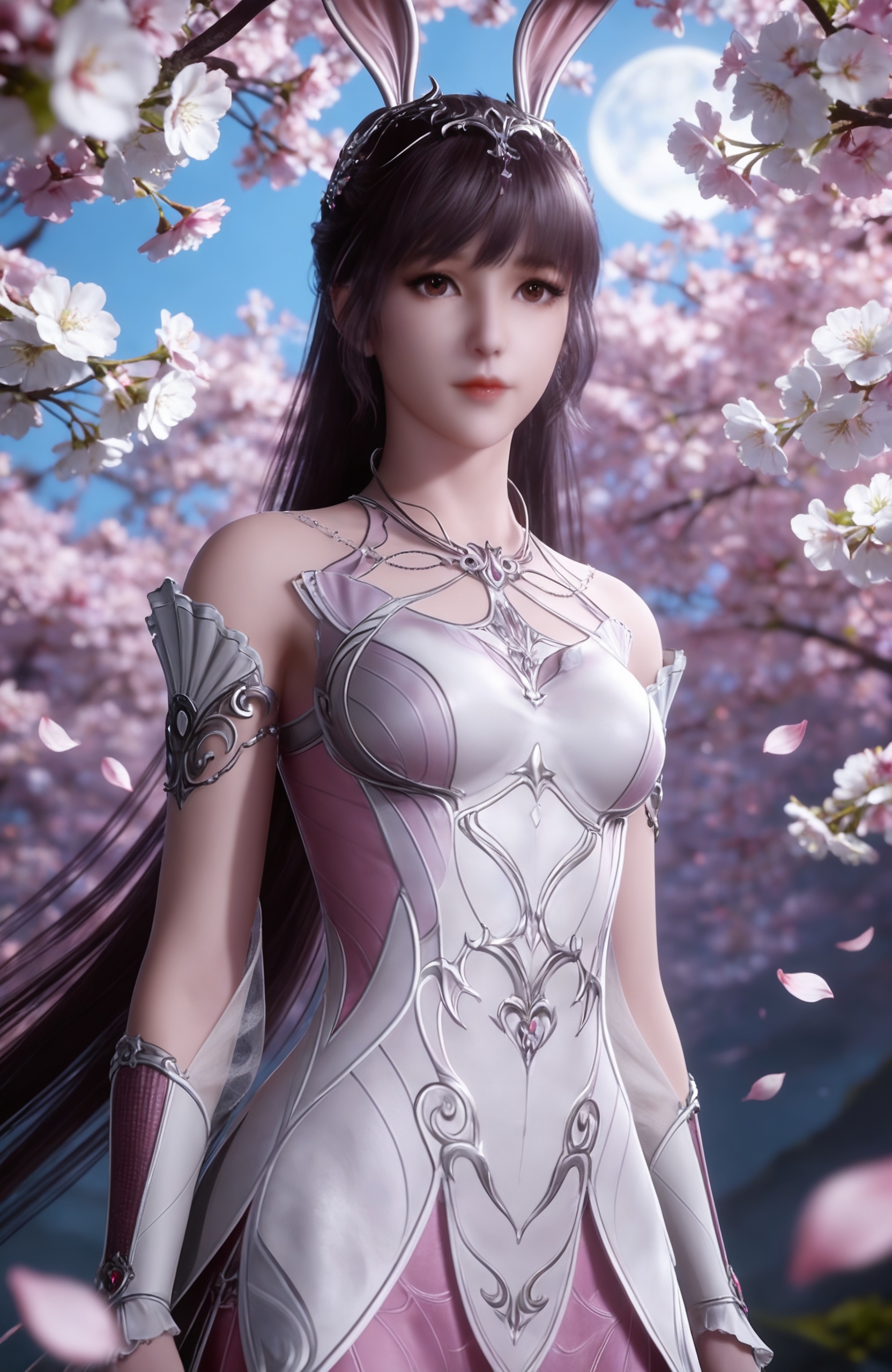 <lora:斗罗大陆-小舞Pony:0.8> 1girl, long hair, brown hair,brown eyes, hair ornament, rabbit ears, pink dress, metal collar, bare shoulders,, realistic style photo,outstanding style,adding a touch of dimension to your images without compromising details,whirls of vapor,ethereal ambiance,delicate details,magical atmosphere,concept art,highly detailed,ultra-high resolution,32K UHD,sharp focus,best-quality,masterpiece,golden hour,unconventional supreme masterpiece,masterful details,temperate atmosphere,with a high-end texture,in the style of fashion photography,magazine style,Dynamic Angle,Dynamic posture,(cowboy_shot:1.2),depth of field,lens flare,extreme aesthetic,masterpiece,best quality,good quality,newest,year 2025,very aesthetic,absurdres,Visual impact,A shot with tension,ultra-high resolution,32K UHD,sharp focus,best-quality,masterpiece,Emotionalization,unconventional supreme masterpiece,masterful details,temperate atmosphere,with a high-end texture,in the style of fashion photography,(Visual impact:1.2),giving the poster a dynamic and visually striking appearance,, masterpiece,best quality,solo,1girl,upper body,petals,looking at viewer,moon,branch,cherry blossoms,flower,extreme aesthetic,(quasarcake:0.7),masterpiece,best quality,good quality,newest,very aesthetic,absurdres,A shot with tension,(Visual impact,giving the poster a dynamic and visually striking appearance:1.2),impactful picture,offcial art,colorful,splash of color,movie perspective,