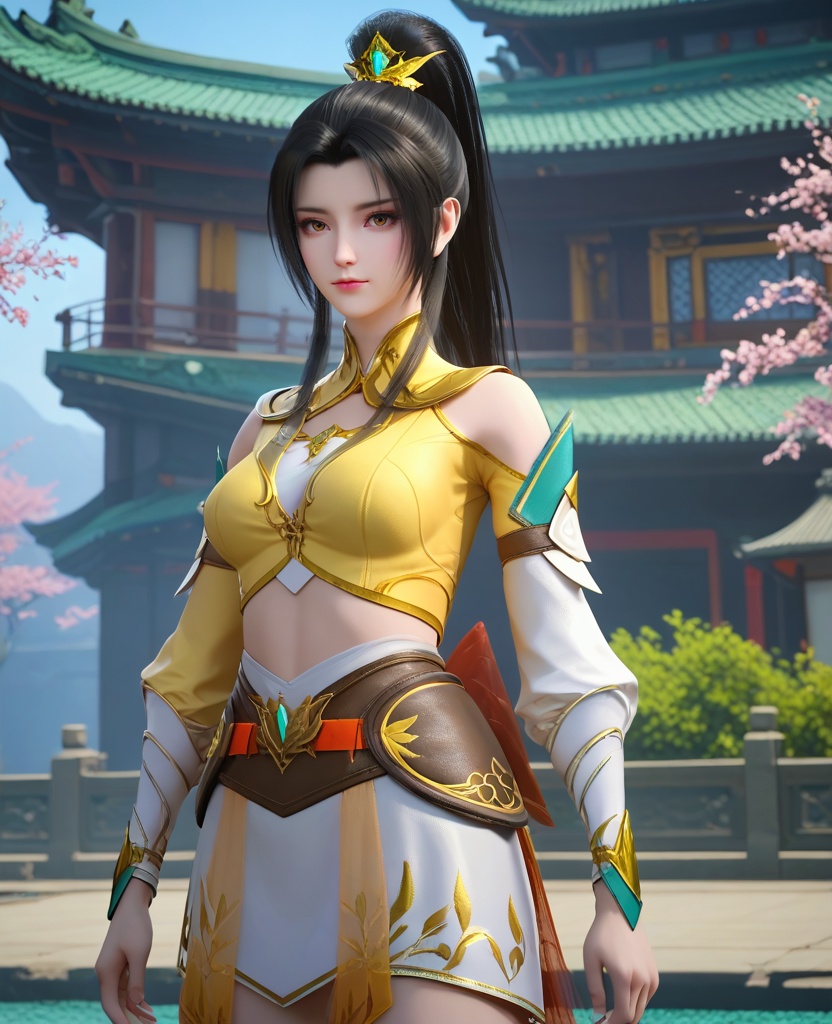 (oriental architecture, elegant decor, sophisticated style:1.1),making eye contact,(breasts:1.2),<lora:XL16大主宰叶轻灵:0.95>,miss yeqingling,yellow crop top,brown eyes,black hair,long hair,high ponytail paired with front strands,hair ornament,white miniskirt,sash,bracer,white boots,bow,shoulder cutout,, zPDXL2, score_9, score_8_up, score_7_up BREAK realistic, masterpiece,best quality, highly detailed,, zPDXL3, zPDXL2,zPDXL, zPDXLxxx, zPDXLrl,