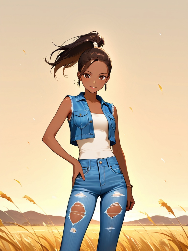 standing pose a beautiful young african american woman with a high ponytail with deep brown eyes wearing a sexy sun-kissed...