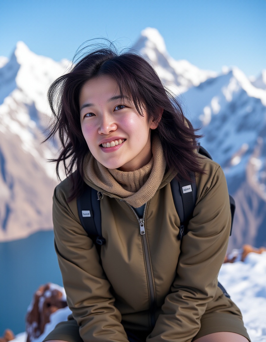 realistic photo of a Japanese woman,  young woman,  ネパールのエベレストベースキャンプでのトレッキングポートレイト: "Shiho at Everest Base Camp in Nepal...
