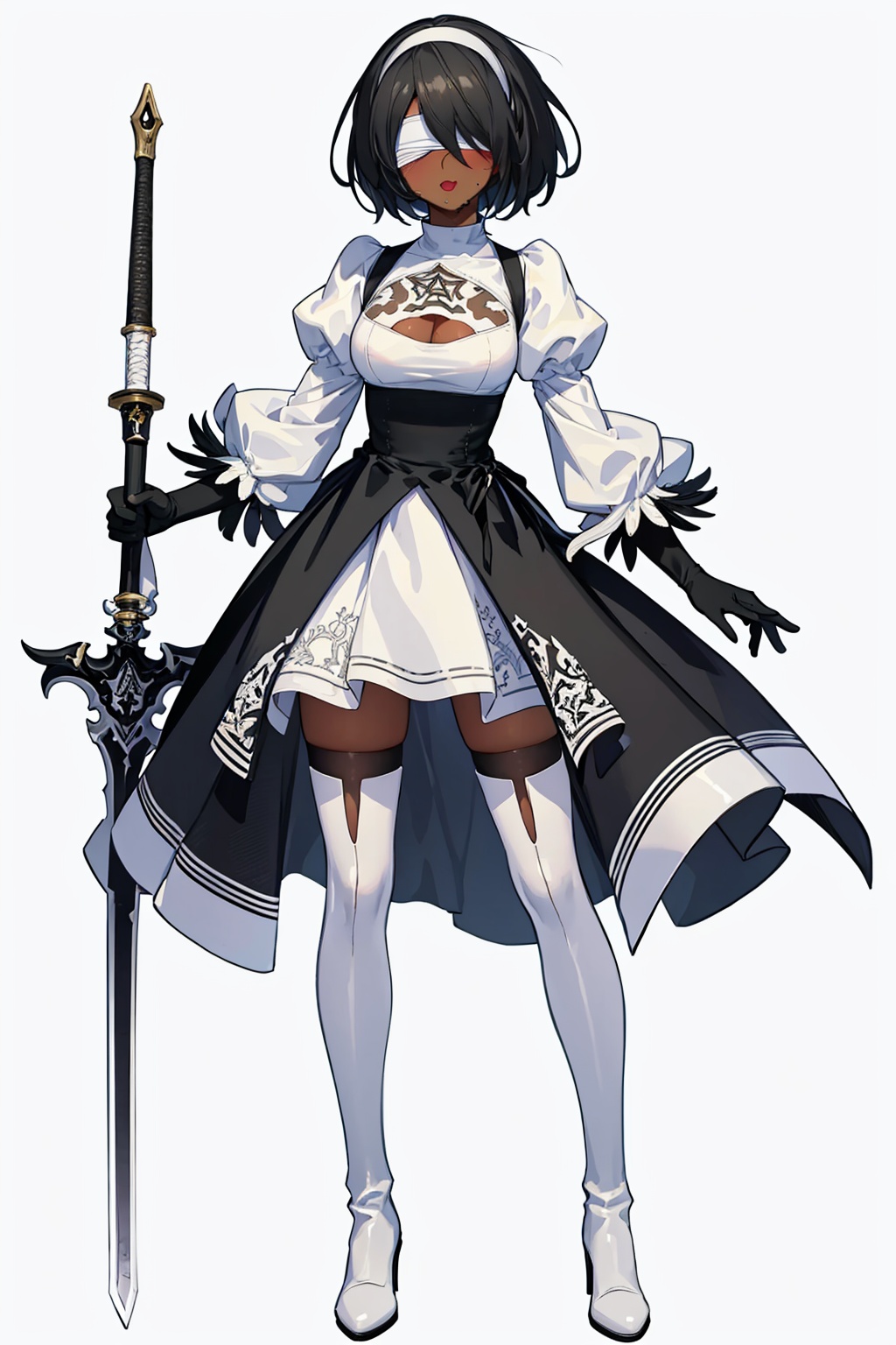 masterpiece,best quality, highly detailed, 2p (nier:automata),1girl, dark-skinned female, thighhighs, blindfold, player 2, hairband, thigh boots, high heel boots, solo, white footwear, mole under mouth, white dress, gloves, cleavage cutout, full body, white background, juliet sleeves, holding sword, breasts, very dark skin,<lora:2p_(nierautomata):1>