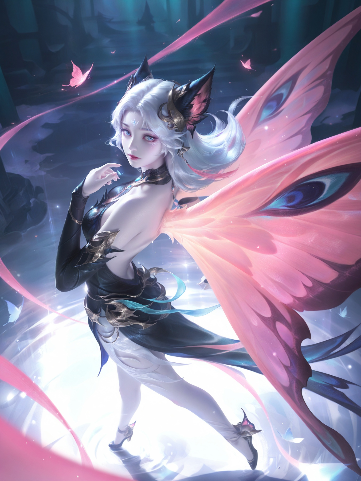 MLiang,BREAKMLiang,1girl,solo,long hair,looking at viewer,blue eyes,hair ornament,dress,animal ears,jewelry,closed mouth,white hair,wings,black dress,from side,facial mark,pale skin,backless outfit,backless dress,butterfly wings,BREAKbest-quality,masterpiece,[with a high-end texture],(extremely detailed CG unity 8k wallpaper,masterpiece),Dramatic Lighting,Ray Tracing,(8k resolution),best quality,absurdres,detailed shading,perspective,reoen,depth of field,absurdres,masterpiece,with a high-end texture,full body,mvery awe,aesthetically pleasing,masterpiece,best quality,amazing quality,very aesthetic,ultra-detailed,high resolution,8k,BREAK<lora:lolart-ill11-v5.1:0.3>,<lora:zhongguoduliu-v3-illustrious:0.3>,<lora:MLiang_园子-000017:0.54>,