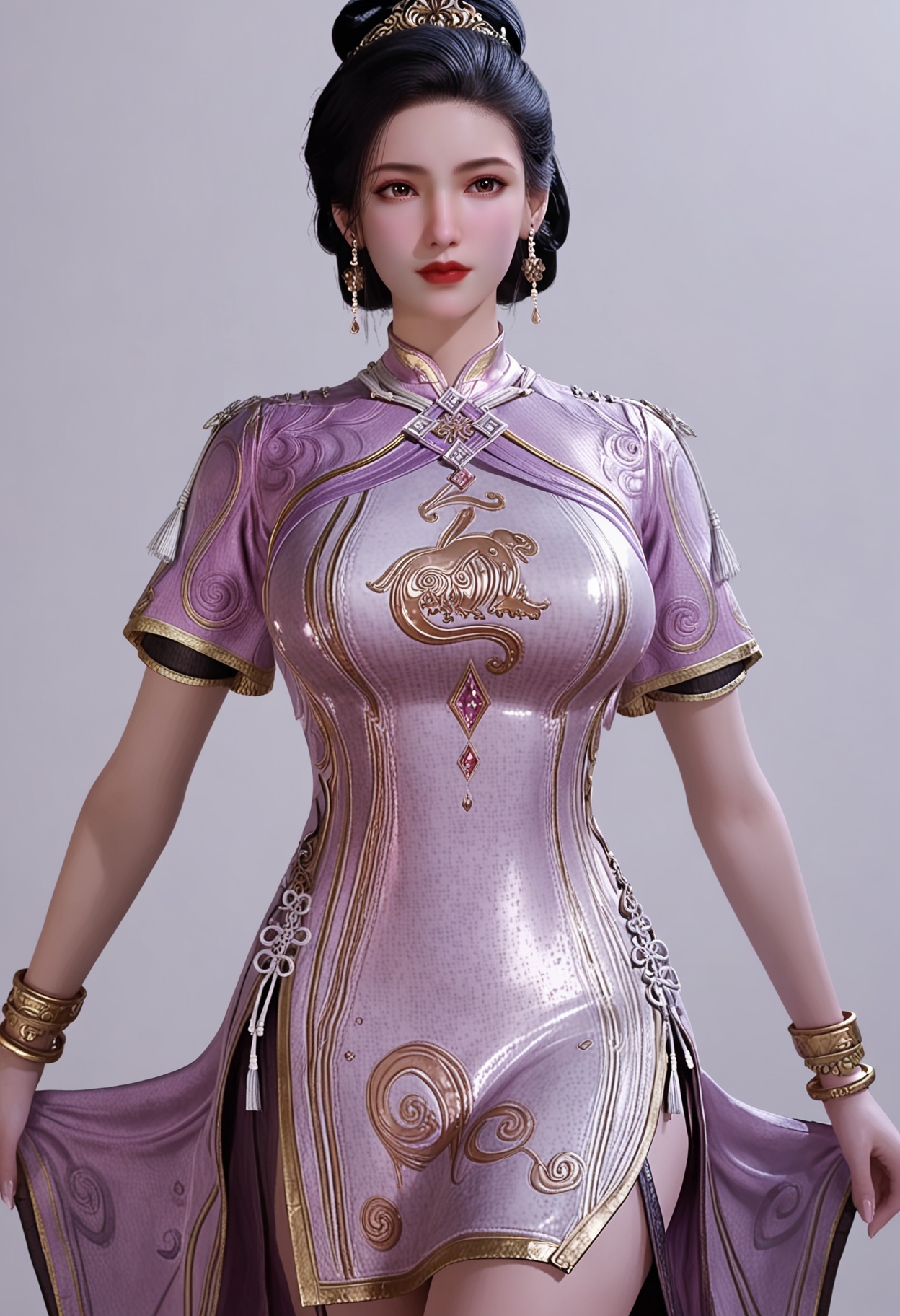 score_9,high detail,best quality,cinematic lighting,volumetric lighting,shiny skin,shiny,1girl,solo,brown eyes,jewelry,earrings,china dress,black hair,hair_ornament,hair_bun,purple dress,huge_breasts,white background,short sleeves,realistic,red lips,closed mouth,bracelet,looking at viewer,thighs,<lora:QQSponynanshuishuiV1:0.8>,<lora:Pony_DetailV2.0:0.8>,<lora:皮肤凹痕:0.1>,