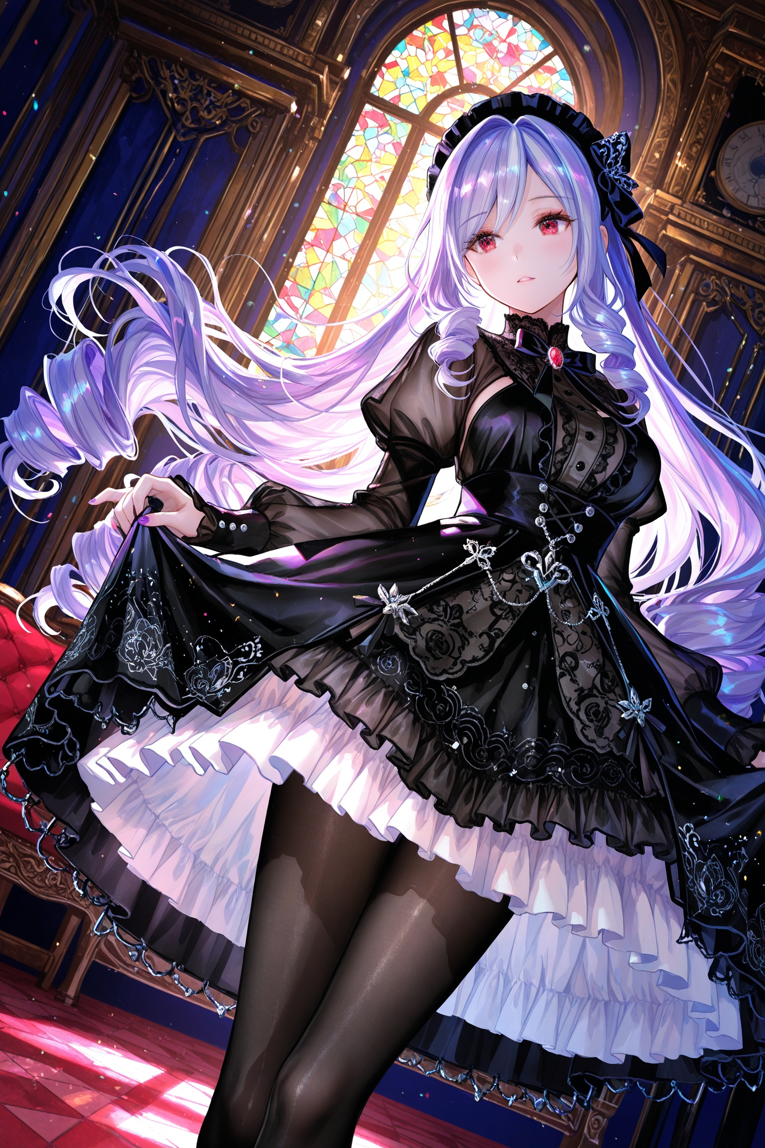 (fuzichoco),(joman:0.36),(shiny_skin:0.5),white_skin,1girl,vivian,black dress, black pantyhose, dutch angle,