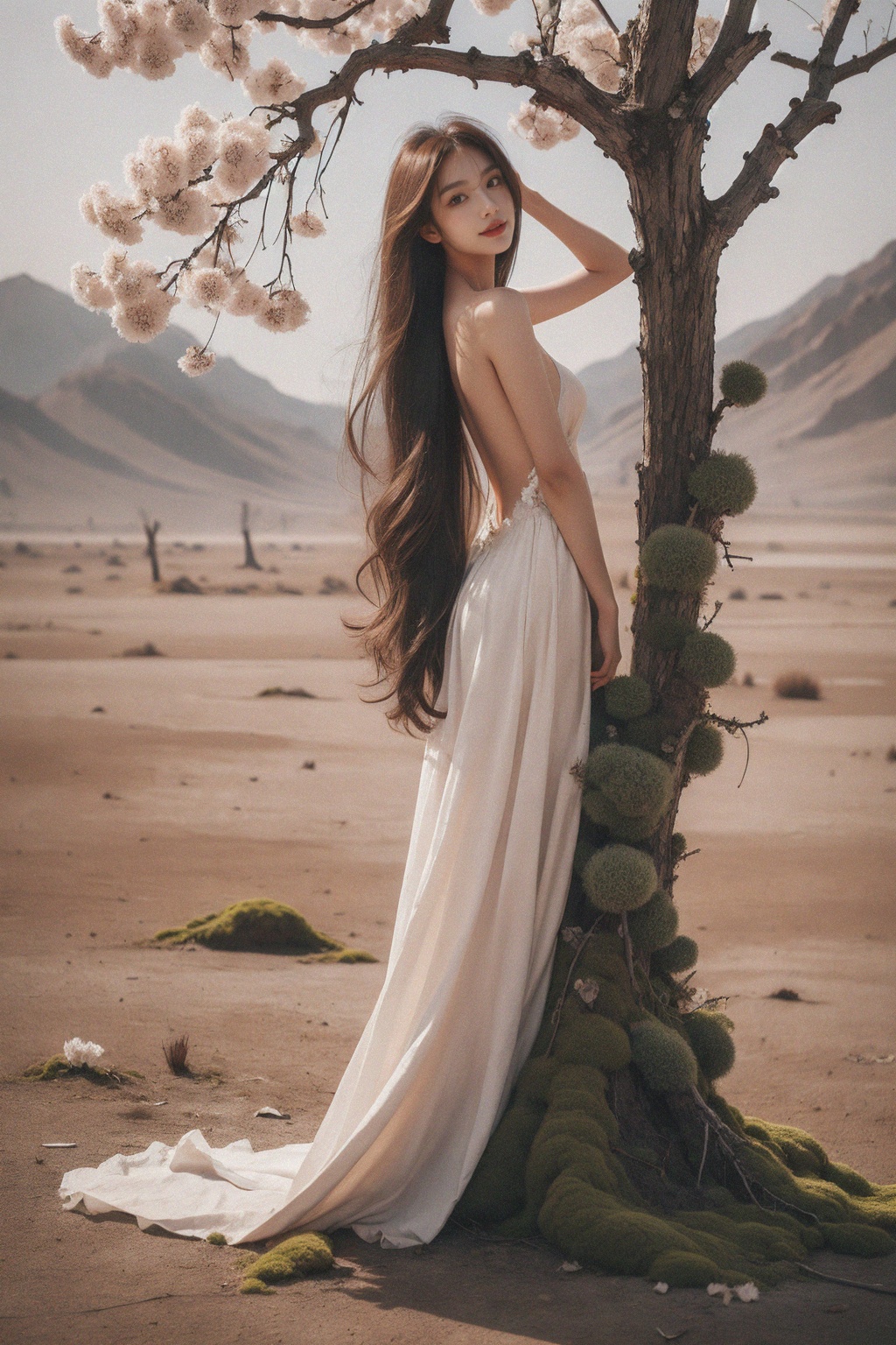 1girl,<lora:枯枝1:0.8>,This picture depicts a surrealistic image of a woman blending with natural elements. A woman stands in a desolate scene,(her back and hair gradually turning into branches and twigs of a tree. A few flowers bloomed on the branch:1.2),as if she were a tree growing flowers. She was wearing a flowing white long skirt,with the hem spread out on the ground,interweaving with the lines of the tree roots. The color contrast,light and shadow processing,
