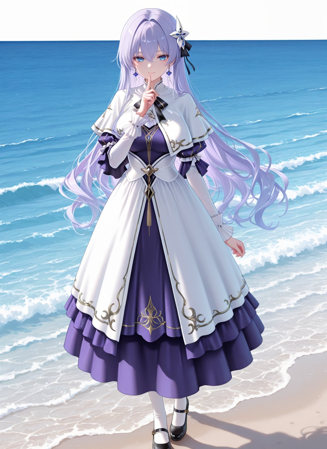 masterpiece,best quality,newest,absurdres,highres,soft shadows,year2024,mutou kurihito,(kimishima ao:0.7),(hiten \(hitenkei\):0.4),(sheya:0.4),<lora:Cantarella youngXLNAI:1>,Cantarella (\young\),1girl,light purple hair,blue eyes,hair ornament,hair between eyes,mole under eye,earrings,white capelet,puffy sleeves,long sleeves,purple dress,white dress,ocean,standing,finger to mouth,smile,full body,mary janes,