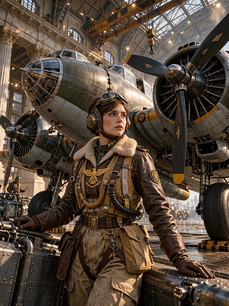 A young female Roman military aviator standing beside an enormous twin-engine imperial fighter aircraft,  wearing a fitted...