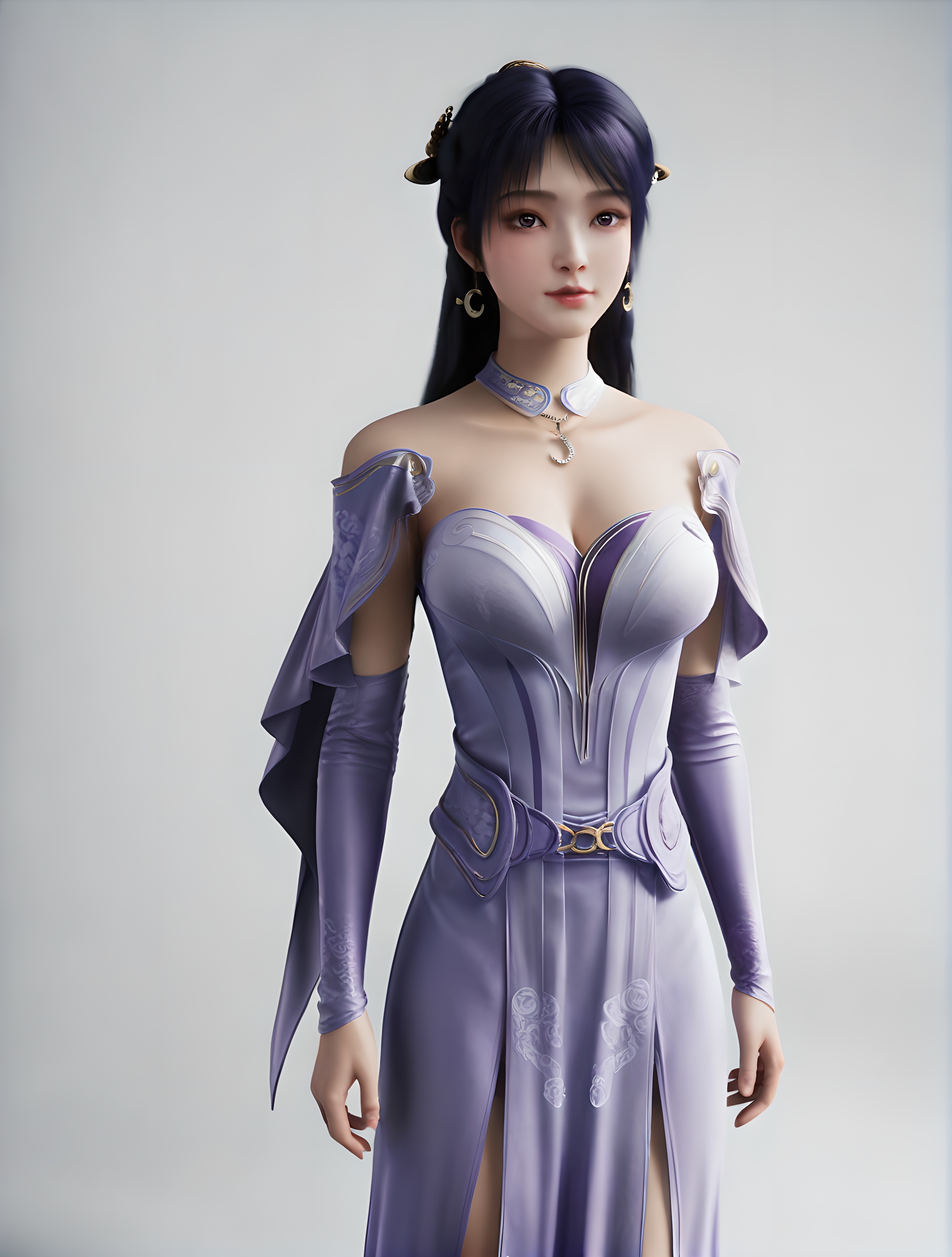 fair_skin,white_skin,Ivory_skin,score_9,<lora:SF_JiZiYue_Pony_Realism-000005:0.7>,purple dress,hair ornament,black hair,1girl,breasts,large breasts,standing,solo,looking at viewer,simple background,cowboy_shot,