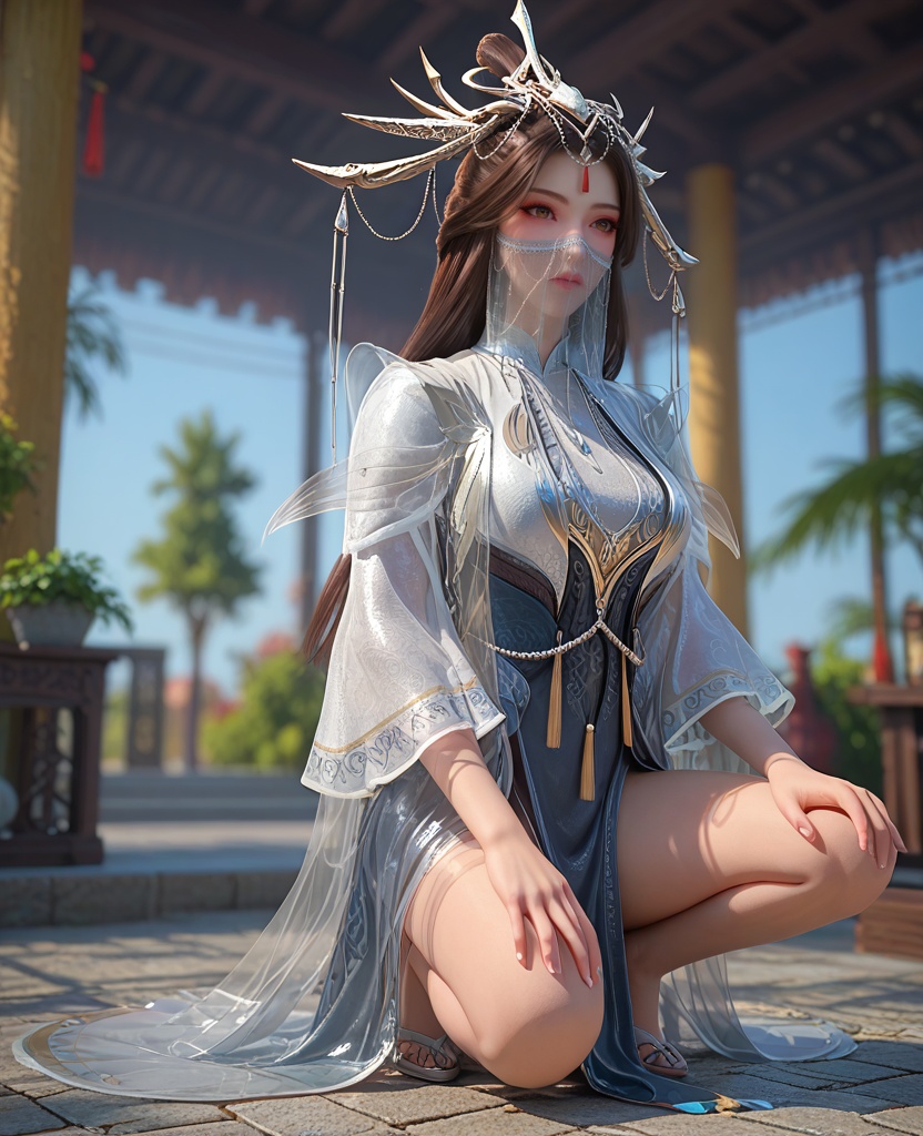 (oriental architecture, elegant decor, sophisticated style:1.1),(squatting:1.1),(breasts:1.2),<lora:XL百炼成神玉婆婆:0.9>,miss yupopo,long hair,veil,black hair,hair ornament,dress,mouth veil,brown eyes,see-through,jewelry,, zPDXL2, score_9, score_8_up, score_7_up BREAK realistic, masterpiece,best quality, highly detailed,, zPDXL3, zPDXL2,zPDXL, zPDXLxxx, zPDXLrl,