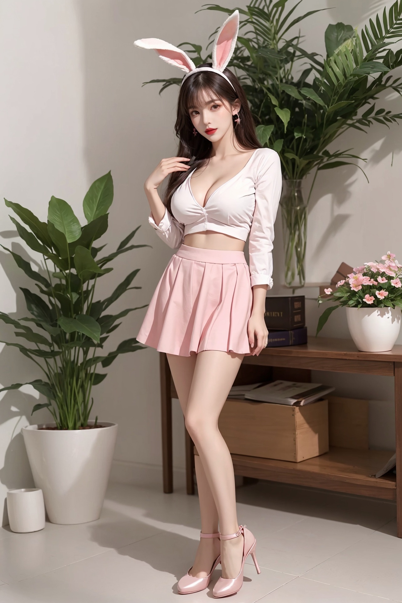 1girl, animal ears, bangs, bare legs, book, breasts, butterfly, cleavage, flower, flower pot, high heels, indoors, jewelry, lips, lipstick, long hair, looking at viewer, makeup, pink footwear, pink skirt, plant, potted plant, rabbit ears, shirt, skirt, slippers, solo, standing, vase <lora:美女:1>