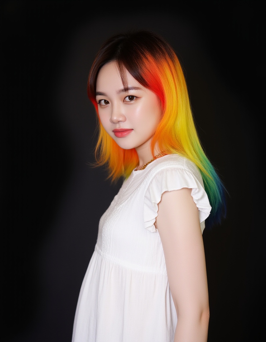 a woman with a rainbow colored hair and a white dress is posing for a picture with a black background and a black background behind her is a black background and a black background with a white and a black background and a white and a white and blue and white background and a black background with a white background and a white and a white and a black and a white and a white image of a woman with a white and a white and a white and a rainbow and a black and a white and a black and a white and a white and a black and a white and a black and a black and a white