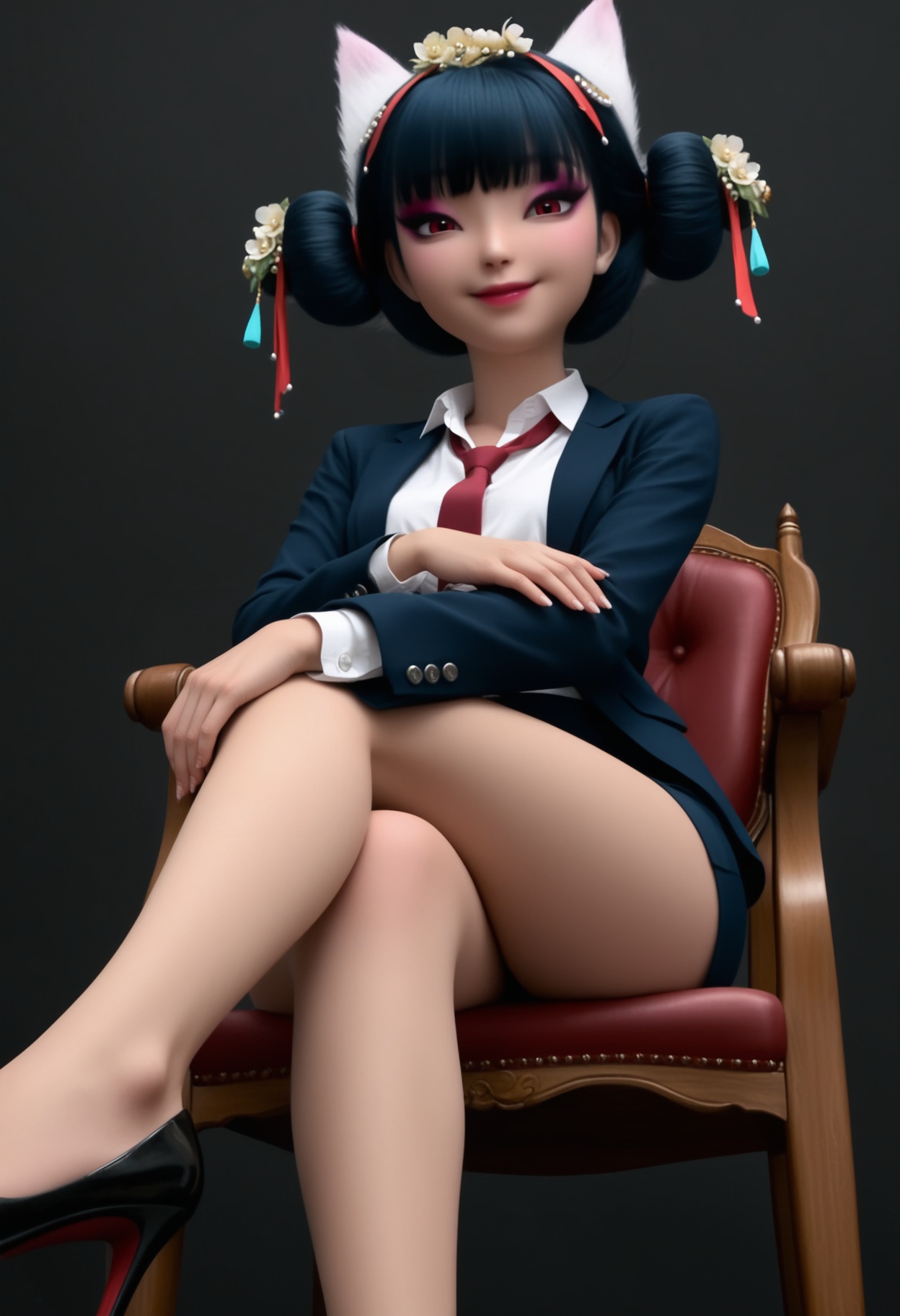 (score_9),masterpiece,best quality,absurdres,highres,(white_skin),light_skin,BREAK<lora:宝青坊-ill-000008:0.83>,1girl,solo,hair ornament,hair flower,hair bun,tassel hair ornament,bangs,makeup,black hair,fox ears,red eyes,bare legs,narrow waist,suit,dress_shirt,blazer,skirt,skirt_suit,necktie,high heels,looking at viewer,front view,face focus,light blush,smile,sitting,chair,pov,from below,BREAKsimple background,black background,