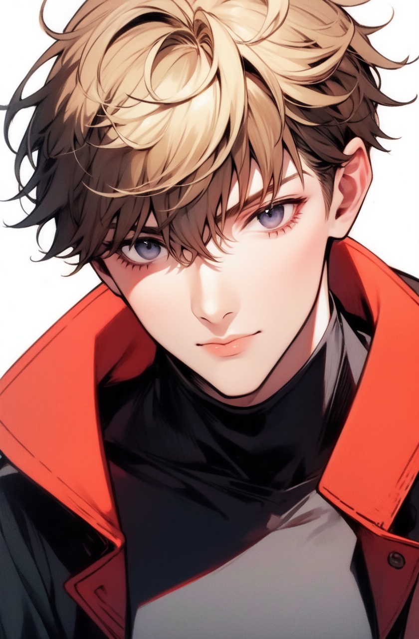 ultra highres,masterpiece,best quality,1boy,male focus,solo,upper body,white background,turtleneck,looking at viewer,jacket,short hair,