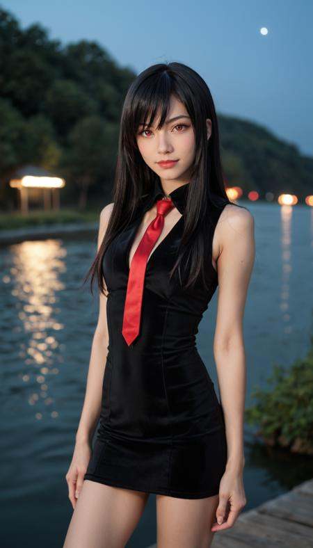 score_9_up, score_8_up, score_7_up, Raw Photo, Cowboy Shot, Akame ga Kill!, cute, seductive, innocent, light smile:0.3, plump lips, slender body, very long black hair, red eyes, black dress, sleeveless, detailed white collar, black skirt, red and black gloves, long red tie, ultrahigh resolution textures, bokeh, moonlight passing through hair night, lake background, depth of field, dynamic angle, photo realistic:1.4, realistic skin:1.4, fashion photography, sharp, analog film grain, hyperdetailed:1.15
