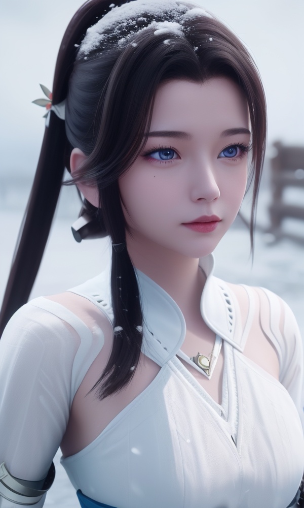 <lora:516-DA-万古狂帝-楚柳儿:0.8>(,1girl, ,best quality, ),looking at viewer,masterpiece, (( , )),, realistic,science fiction,mole, ultra realistic 8k cg, ,outdoors, snow, snowing,