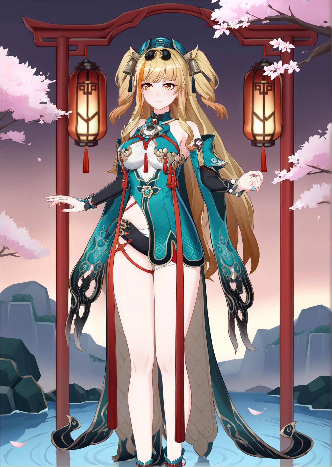 8k, best quality, masterpiece, (ultra-detailed), (high detailed skin), <lora:songque-A3-Tanger:0.8>, songque, 1st clothes, shen1, 1girl, blonde hair, long hair, two side up, breasts, multicolored hair, <lora:jijiav2-a3-Tanger-000005:0.8>, jjijia, 2d, anime, An ancient beauty, gracefully posing under a traditional Chinese pavilion, surrounded by blooming cherry blossoms. The pavilion features intricate wooden carvings and red lanterns, with a serene pond reflecting the scene. The beauty's pose is elegant and enchanting, with a soft smile and delicate gestures. Soft lighting, vibrant colors, detailed background, classical Chinese style, hd quality, natural look, 