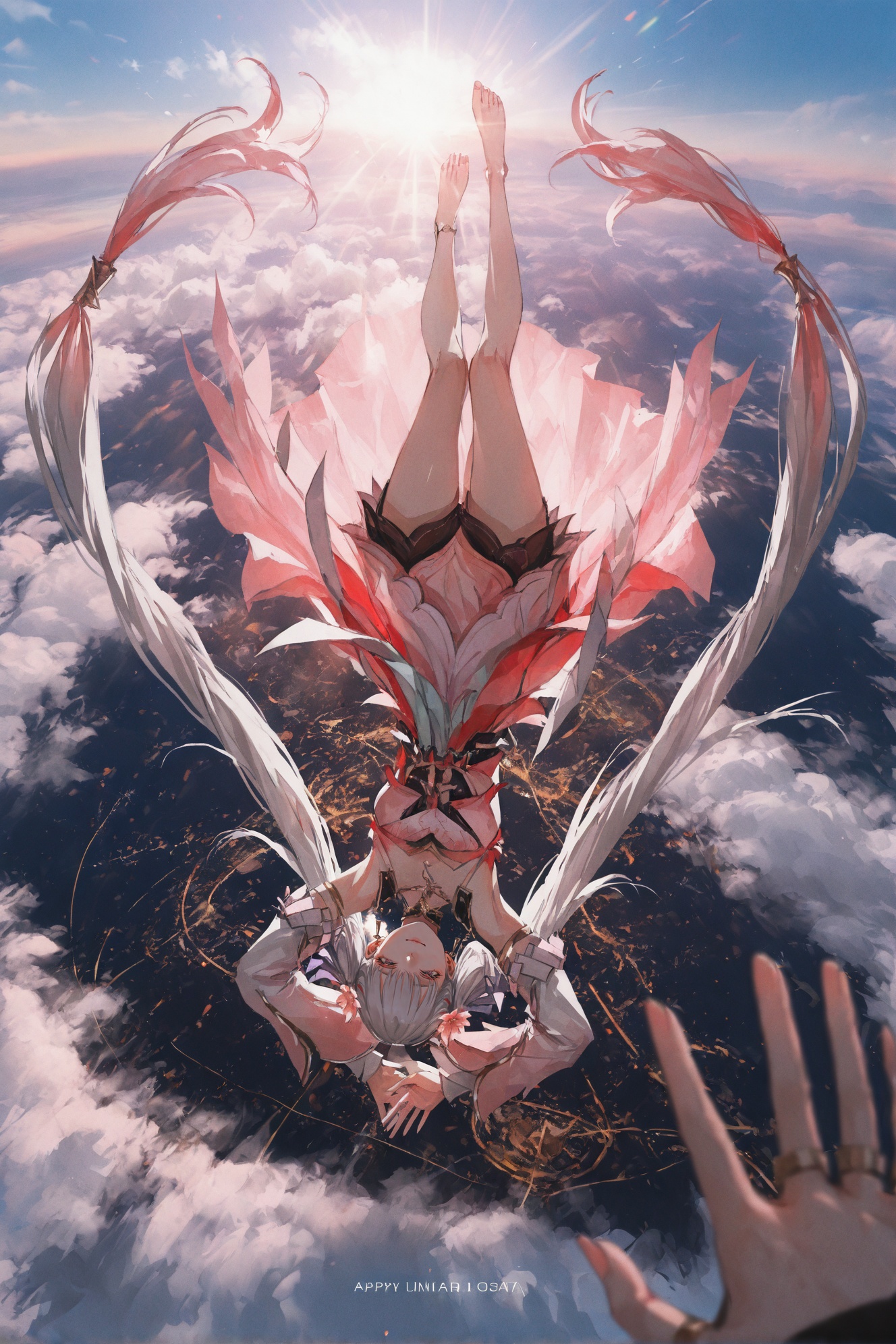 ultra-detailed painting \(medium\),(aoi ogata:1.1),yun ling,xilmo,(lm7 \(op-center\):1.1),negative space,very awa,masterpiece,highres,absurdres,newest,year 2024,year 2023,pov hand,(attempt catching:1.2),(foreshortening:1.2),(long shot:1.2),(vanishing point:1.2),(falling:1.2),(from above:1.2),fantasy,above clouds,(sunlight:1.3),sunbeam,depth of field,sky below,1girl,falling,arms behind head,closed eyes,happy,excited,light smile,full body shot,barefoot,on back,outstretched legs,detailed background,<lora:KonyaKarasue-000008:0.35>,<lora:96YOTTEA-WAI:0.55>,<lora:add-detail-xl:0.5>,<lora:ponyv4_noob1_2_adamW-000017:0.33>,<lora:spo_sdxl_10ep_4k-data_lora_webui:0.8>,<lora:jxnew-noob-Tanger-000014:0.8>,jinhsi,jinhsi \(peach blossom\) \(wuthering waves\),(clothes:peach blossom pink dress,alternate costume,bare shoulders:1.2),flower-shaped pupils,1girl,hair ornament,hair flower,twintails,bangs,jewelry,very long hair,