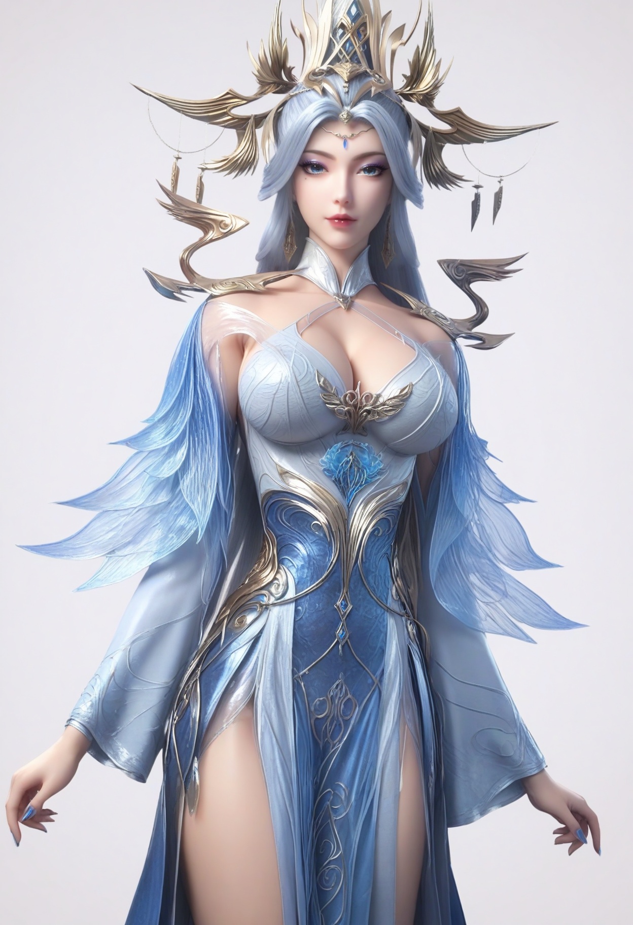 score_9,<lora:SF_NingYuDieSecondCothing_Pony_Realism2.3-000003:0.7>,hair ornament,long hair,dress,eyeshadow,blue eyes,1girl,breasts,large breasts,solo,looking at viewer,white background,simple background,