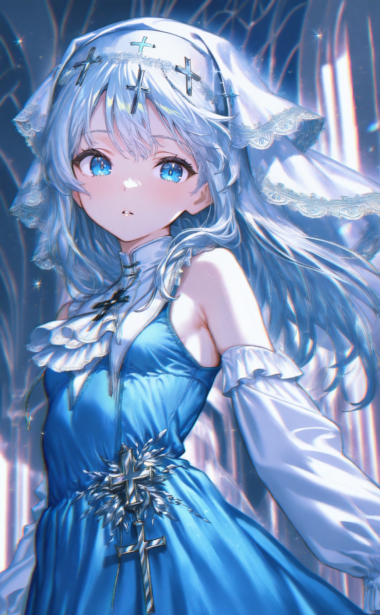 masterpiece,absurdres,best quality,loli,petite,high quality,chromatic_aberration,//,1girl, solo, dress, blue_eyes, veil, parted_lips, detached_sleeves, blue_dress, long_hair, cross, upper_body, hair_ornament, sparkle, latin_cross, cross_hair_ornament, white_hair, sleeveless, bare_shoulders, looking_to_the_side, sleeveless_dress, jewelry, frills, ribbon, blue_hair, hair_ribbon, looking_at_viewer, white_sleeves, chromatic_aberration, blue_theme, long_sleeves, white_veil, necklace, indoors, ascot, star_\(symbol\), blurry//,Depth of field,(colorful),hdr,Tyndall effect,depth of field,Tyndall Effect,blurry,blurry_background,depth_of_field,bokeh,glowing,//,<lora:ssxd2——【noob】hans:1>,
