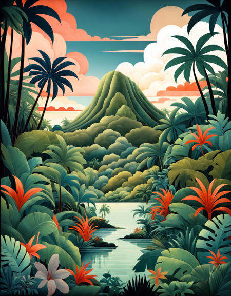 ART DECO Tropical Forest,  trees,  hills on Tensor.Art