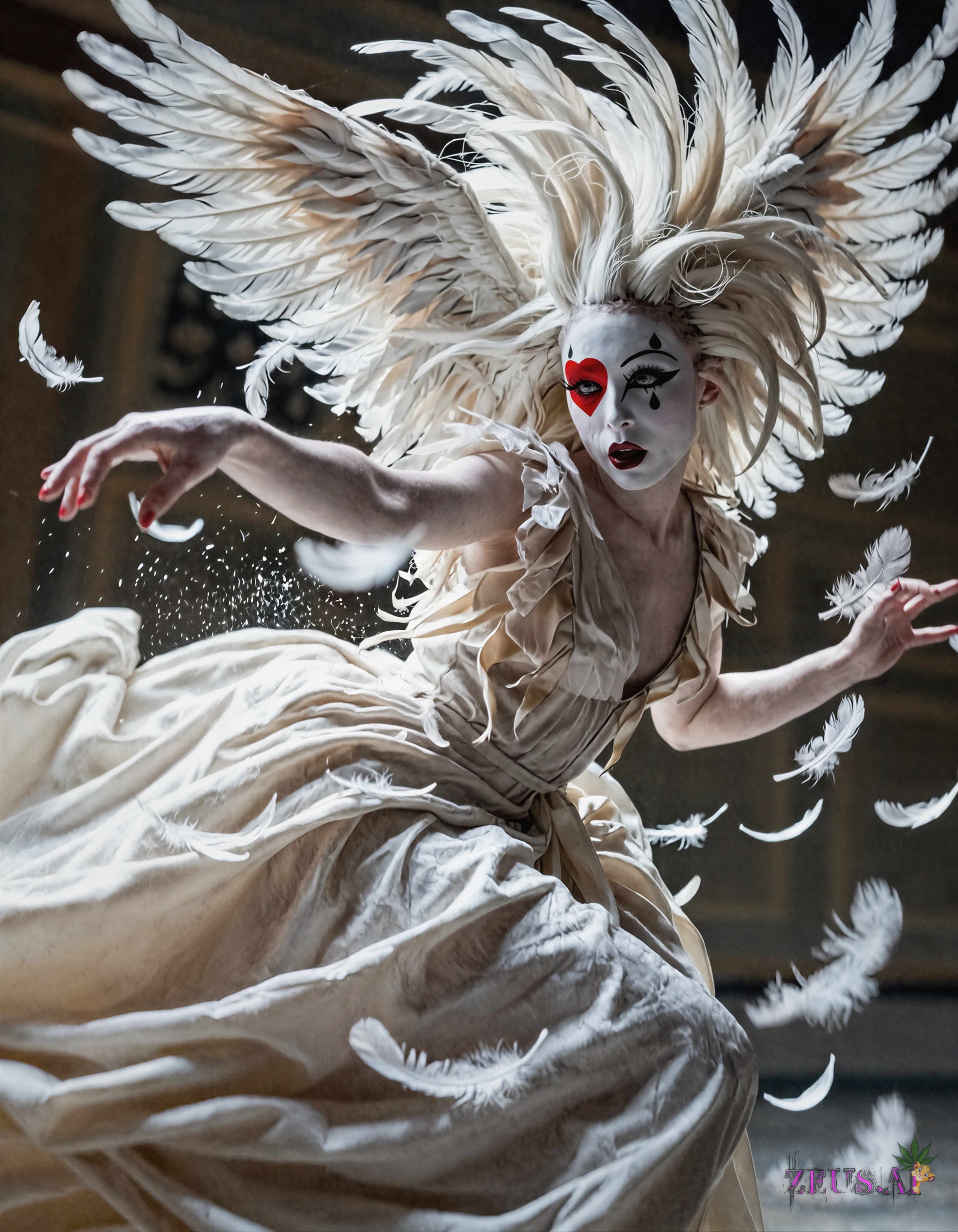 avant-garde celestial mime character in motion,  full body,  dynamic pose with flowing feathered couture swirling around o...