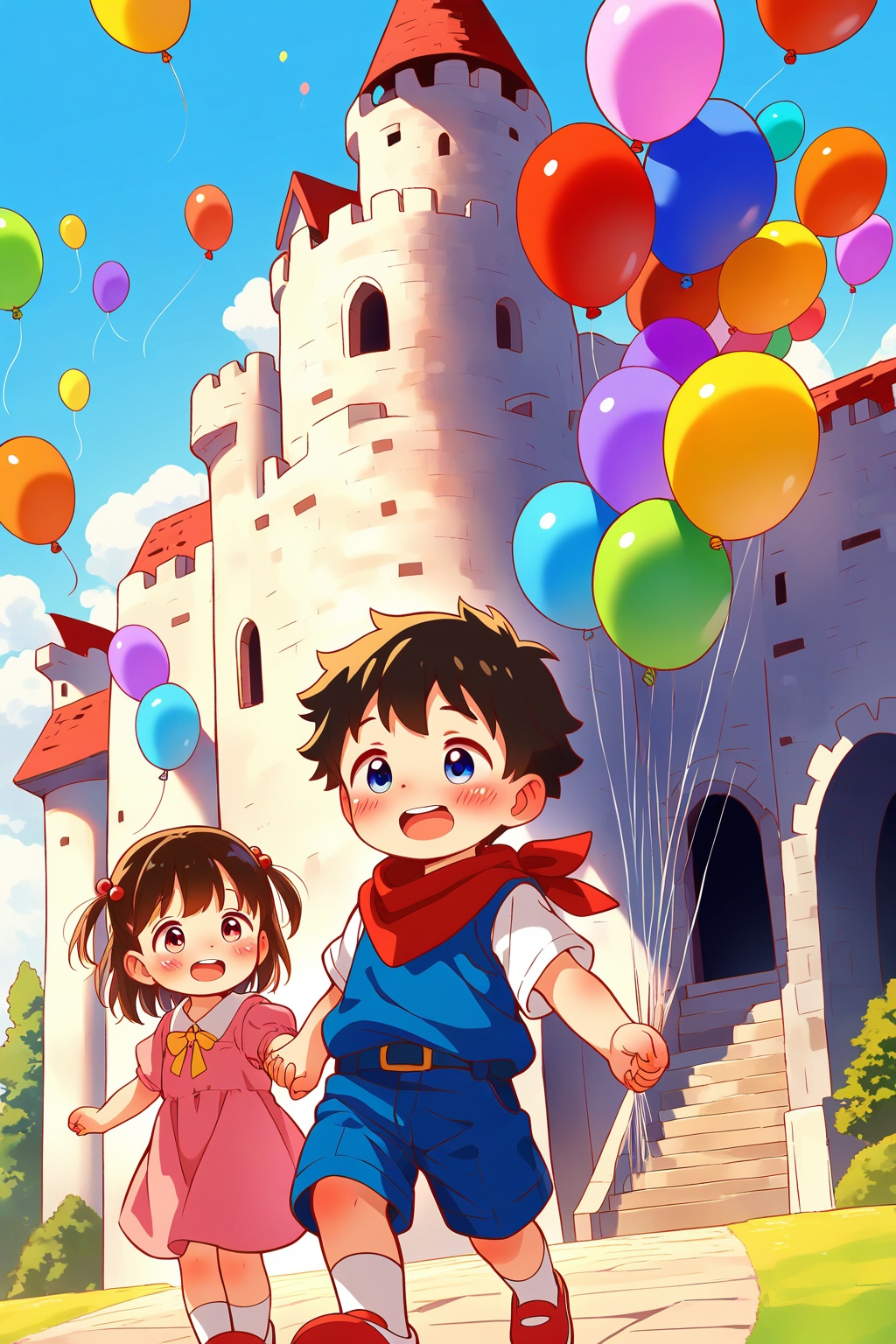 cute shota,holding the hand of a loli,the background is a castle,balloon