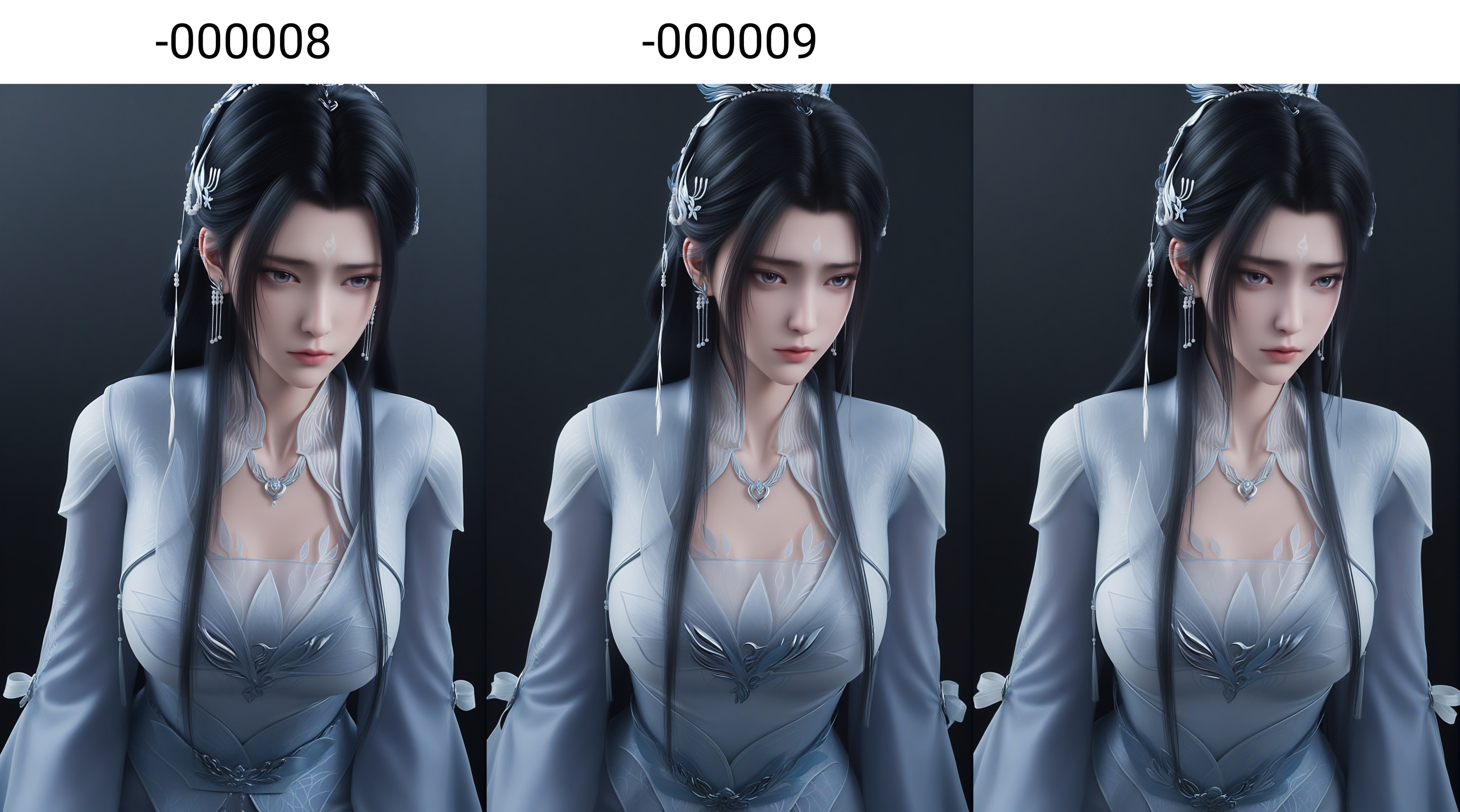 masterpiece,best quality,absurdres,highres,mature female,solo,<lora:新-陆雪琪-ill-000008:0.85>,luxueqi,long hair,black hair,hair ornament,jewelry,earrings,forehead mark,hair bun,hair ribbon,grey_eyes,purple_pupils,(lonely:1.1),sad,BREAKcollarbone,sheer overlay,necklace,dress,belt,looking at viewer,(front view),(chin_stroking:1.1),cowboy shot,simple background,black background,