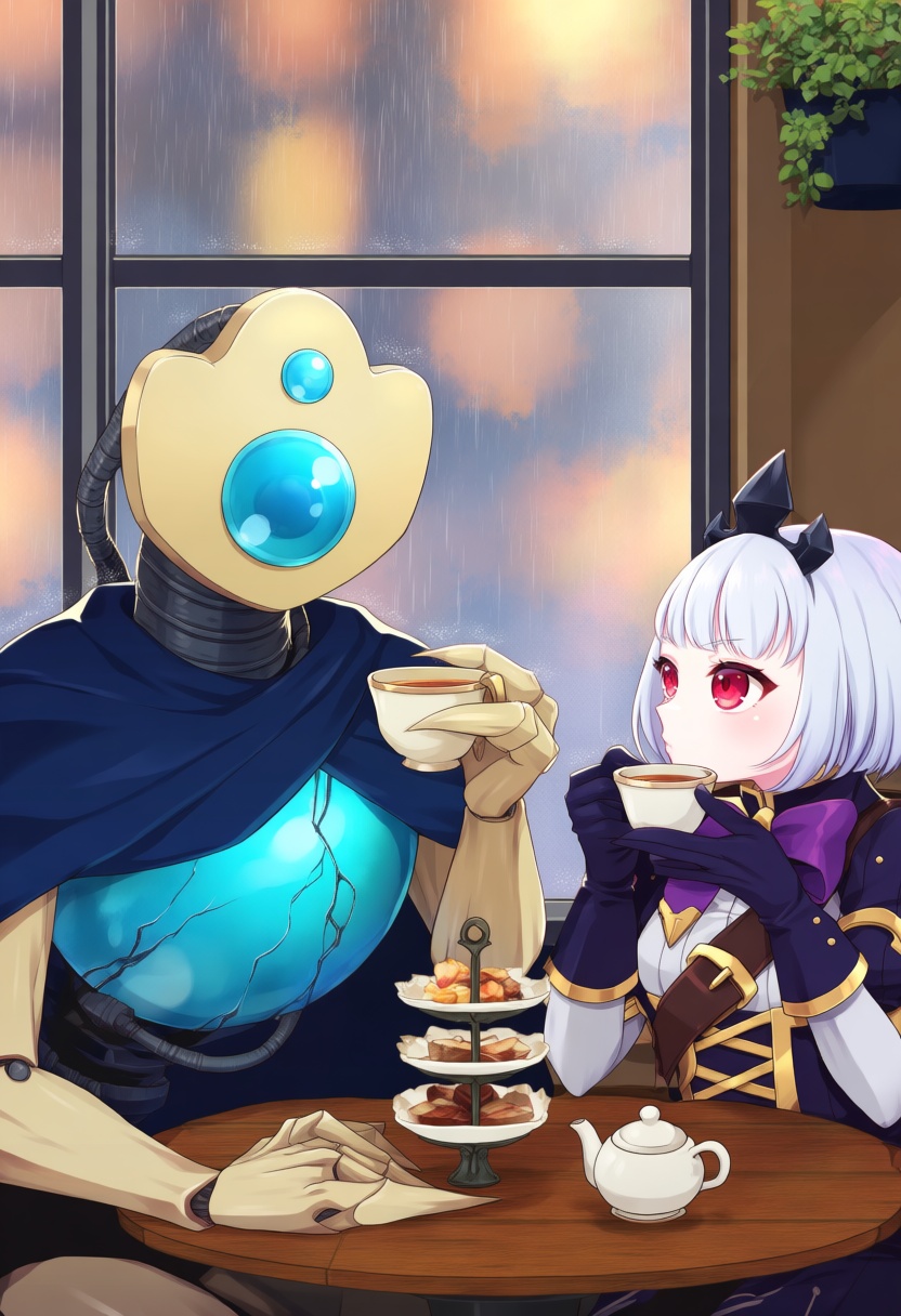 @sayaka_mako,  sayaka mako. DefectSP,  an anthropomorphic robot with a smooth rounded pale tan segmented metallic head fea...