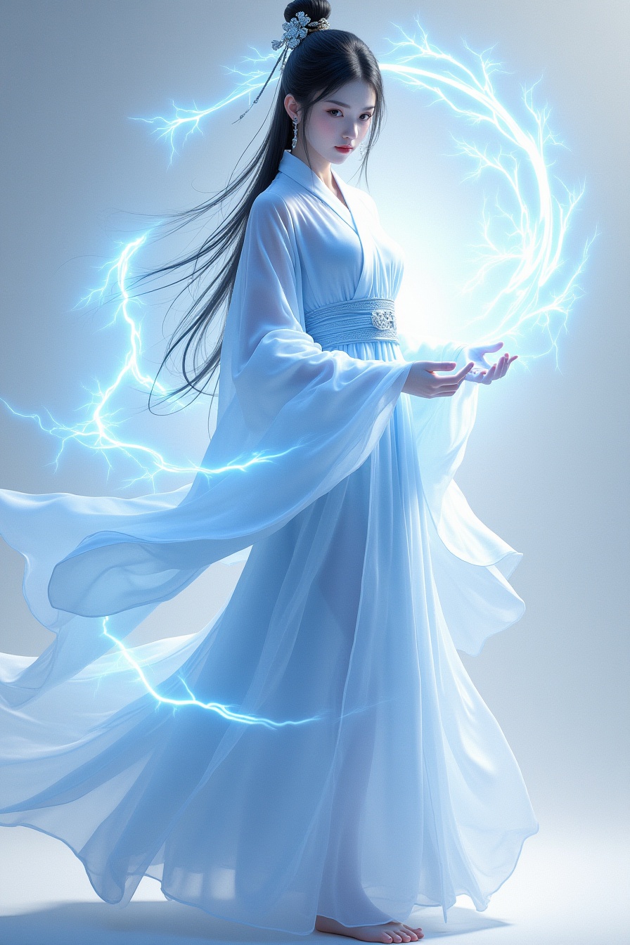 masterpiece,best quality,4k,highly detailed, award winning artwork,splash ink style,splash ink,ink splattered,ink splatter effects,ink wash painting background,1girl, standing, Transparent white gauze chinese traditional outfit,asian-inspired outfit, leifa, calligraphy characters,magic, (hand held electric arc:1.2),wrapped in electricity all over the body, ((blue electric arc)), meteor, glowing, sky, cloud, milky way, (simple background:1.4), blue theme, martial arts style, looking at viewer, (simple clothes:1.2), no weapon, fighting stance, masterpiece, best quality, 32k uhd, Epic CG masterpiece, hdr,dtm, full ha,8K, ultra detailed graphic tension, dynamic poses, stunning colors, cinematic lighting effects, realism, 00 renderer, super realistic, full - body photos, super vista, super wide Angle,bailing_magic_circle <lora:xian2:1>