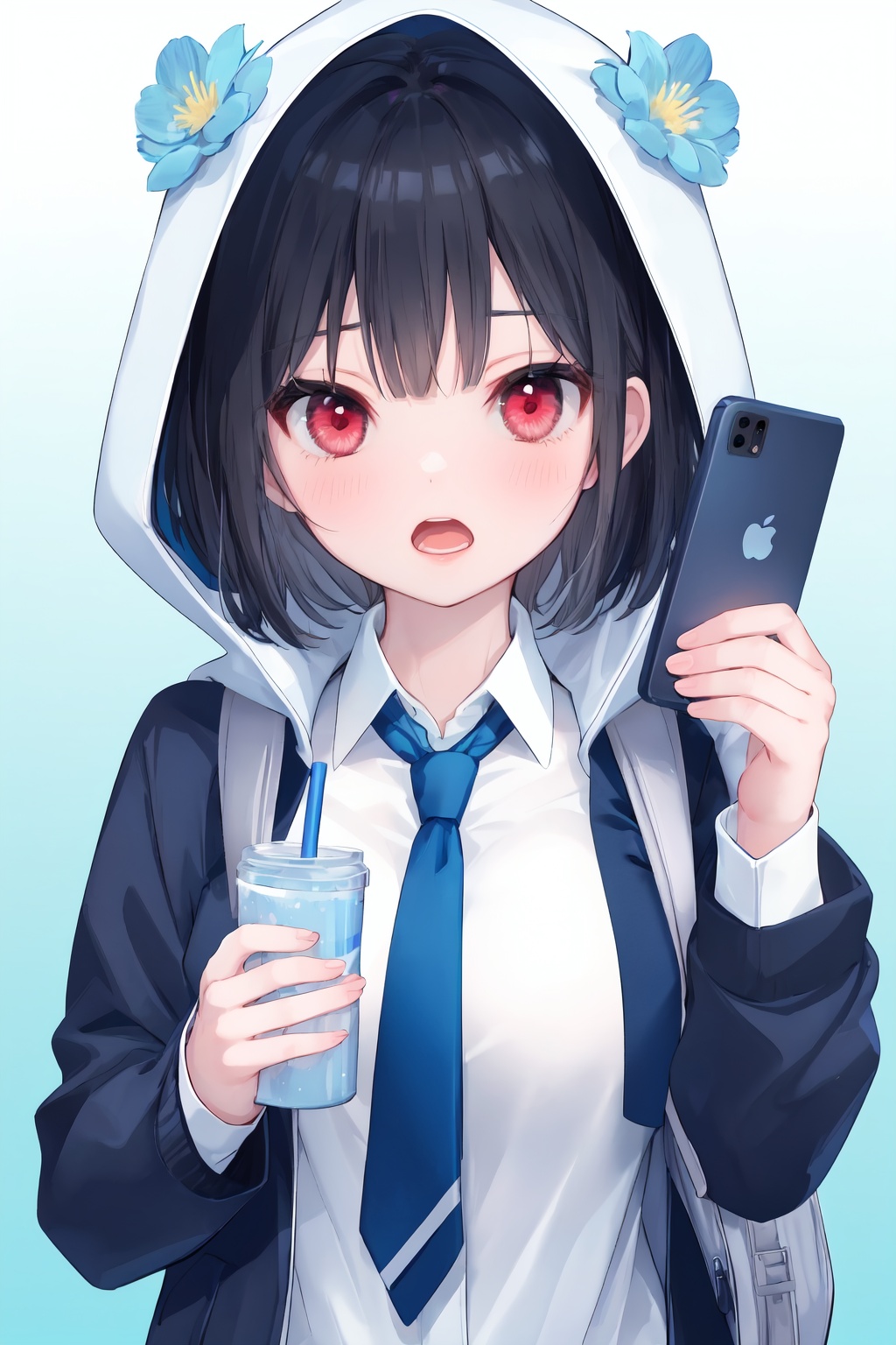 1girl,black hair,solo,hood,necktie,flower,phone,looking at viewer,holding,blue flower,bangs,shirt,red eyes,drinking straw,upper body,cellphone,white shirt,short hair,jacket,hood up,smartphone,bag,breasts,gradient,blue necktie,gradient background,holding phone,collared shirt,long sleeves,blue background,drinking,open jacket,blush,hooded jacket,open clothes,backpack,bright eyes,clear eyes,mi-style,Open mouth