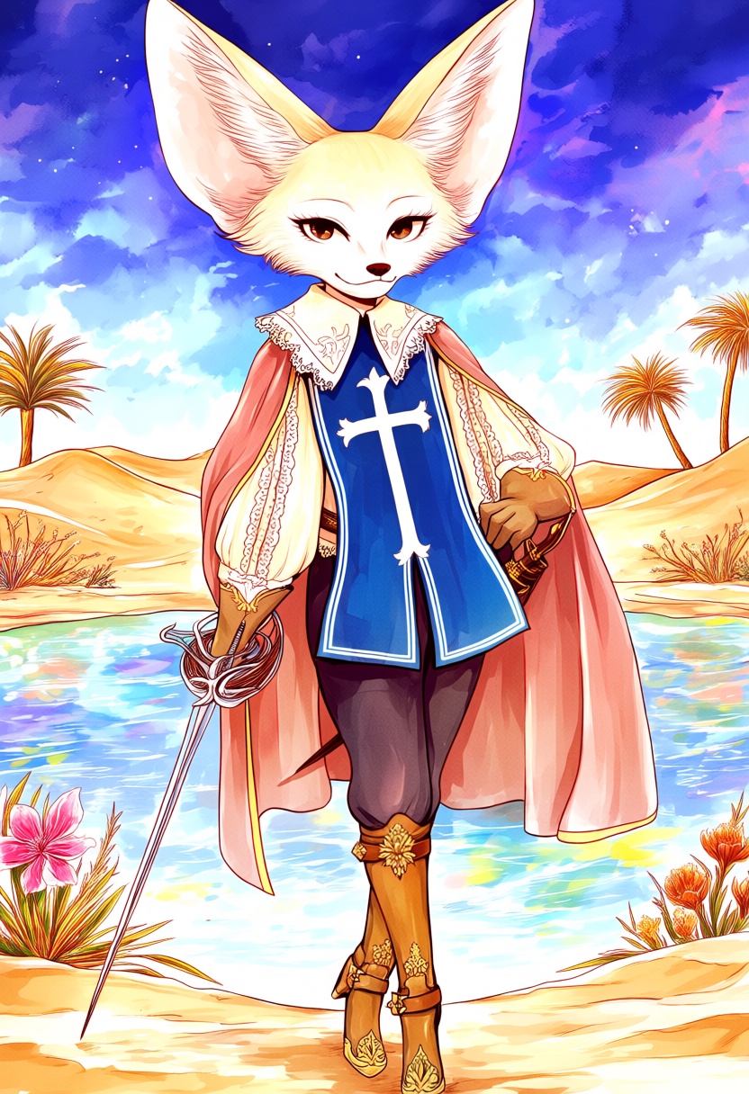 @saiwen_tieke,  saiwen tieke. A delicate anthropomorphic fennec fox musketeer stands gracefully at a shimmering desert oas...
