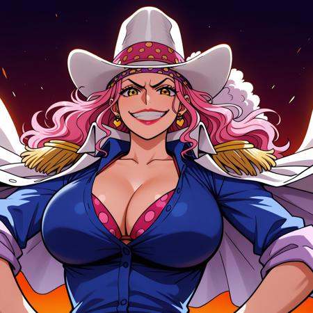best quality, amazing quality, absurdres BREAK  <lora:One_Piece_Charlotte_Linlin_IL:1>Charlotte_Linlin, 1girl, solo, pink hair, long hair, heart earrings, lipstick, large breasts, orange eyes, white hat, blue shirt, polka dot bikini top, epaulettes, coat, coat on shoulders, pants, upper body, dramatic pose, confident gaze, cinematic lighting, clean background, evil smile, looking at viewer