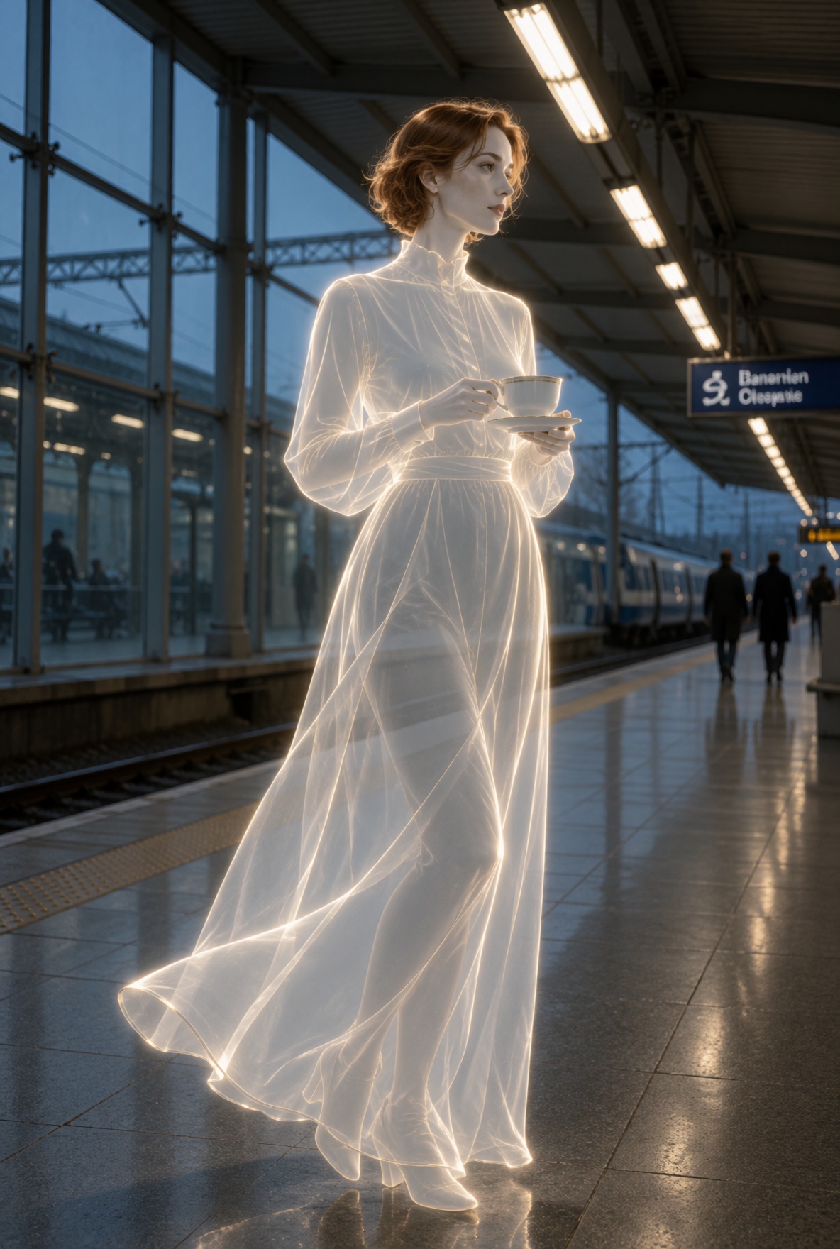 A cinematic live-action-style image of an ***** woman with short auburn hair wearing a long-sleeved flowing dress and hold...