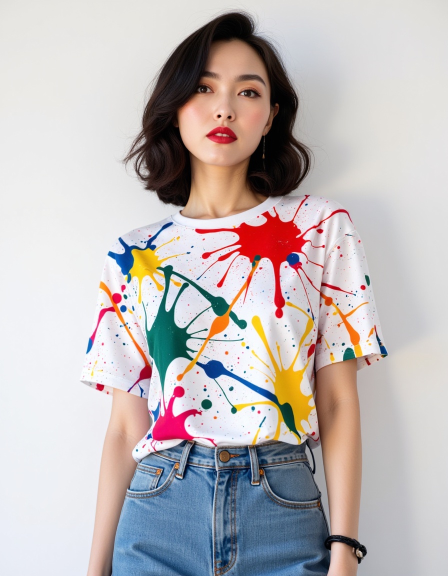 In Abstract paint splatter t-shirt with vibrant and drippy splashes of various colors,Jeans_ a real picture of a south korea woman,