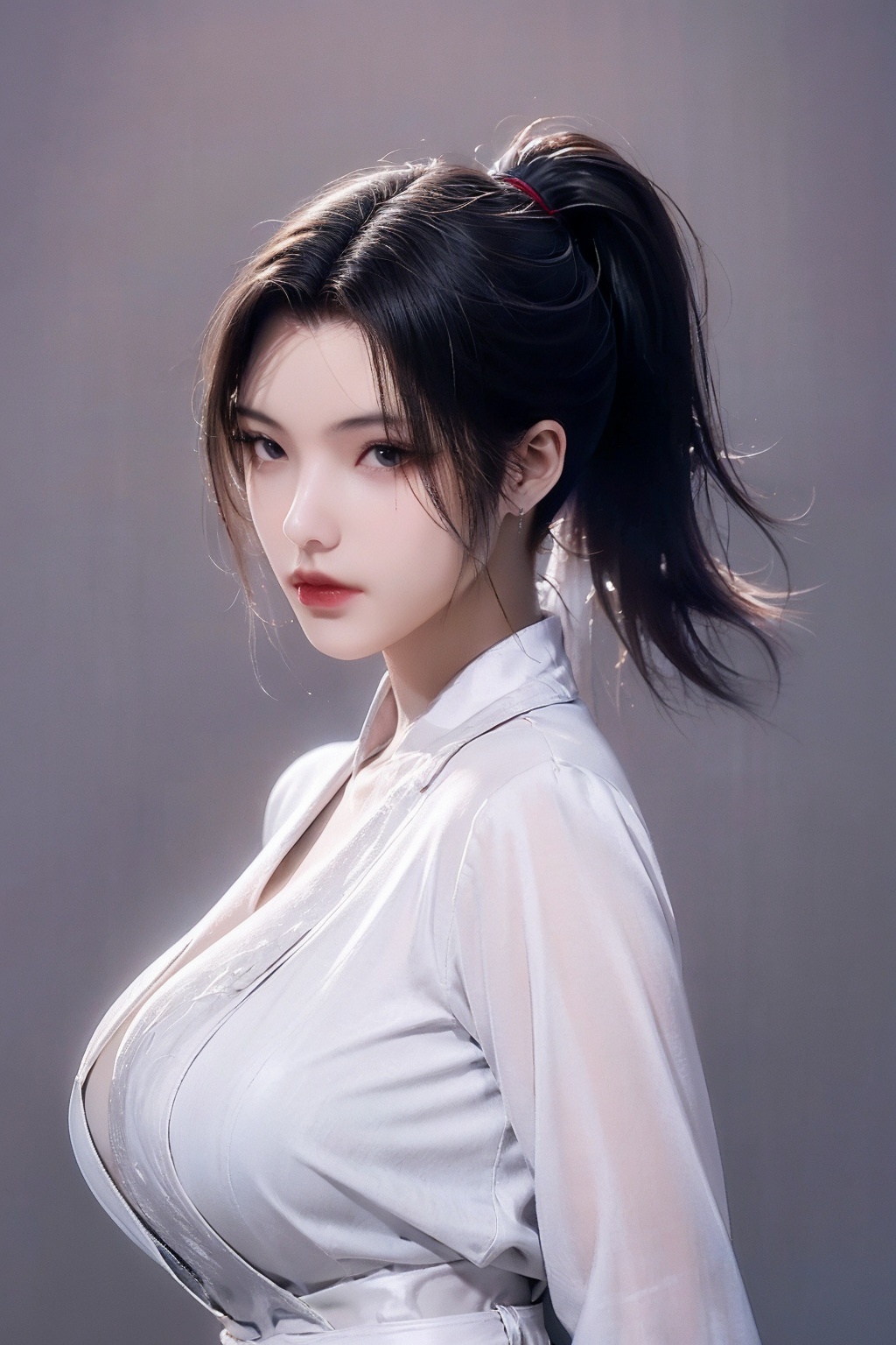 best quality, masterpiece, ultra high res,1girl, big breast, looking at viewer,pure color backgroundgigantic_breasts,Glossy hair, shiny hair,Hair flaps,(short ponytail:1.2)orchid colored bathrobesanguo style 