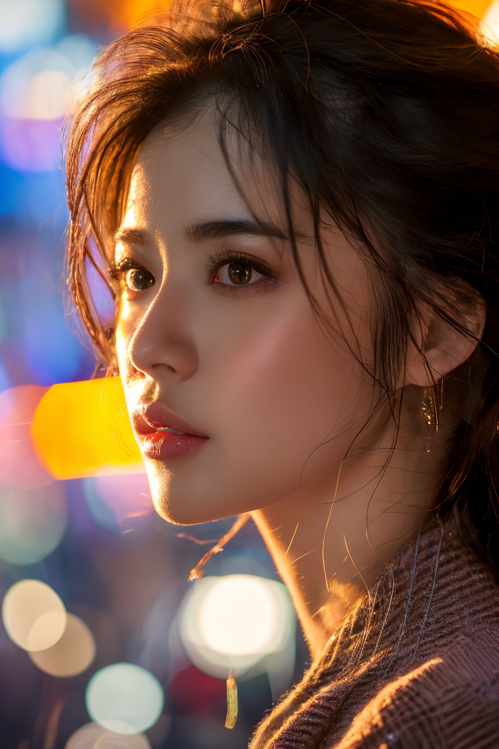HK film style,dream-like scene,close-up portrait of an extremely beautiful girl idol standing closely under a neon-colored sign,looking upwards,curious expression,sigma 105mm f/1.4 dg hsm art,eye-catching resin jewelry,vray tracing,in the style of Wong Kar Wai film,award-winning picture,highly detailed,ultra-high resolutions,32K UHD,sharp focus,best quality,masterpiece,