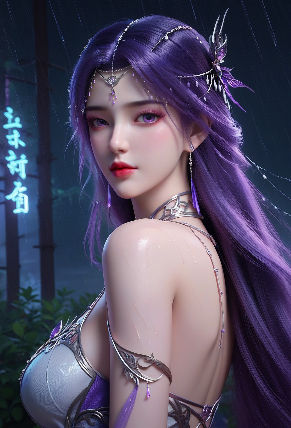 score_9,score_8_up,score_7_up,break.,china dlrb,China girl,mole,1girl,solo,looking at viewer,(sedimentary layer contrast:1.4@z0.7-1.0),purple hair,bare legs,pov,from side,(nm style),1girl,solo,looking at viewer,magic forest,facial,ambient lighting,(girl at x0,y1:1.4),fairy,(rain (ambient atmosphere) beyond z0.7:1.6),(neon lights details:1.3@z0.7-1.0),neon lights,vampire,china,outfit,long dress,boxer white leggings,<lora:17完美世界云曦天命石:0.8>,
