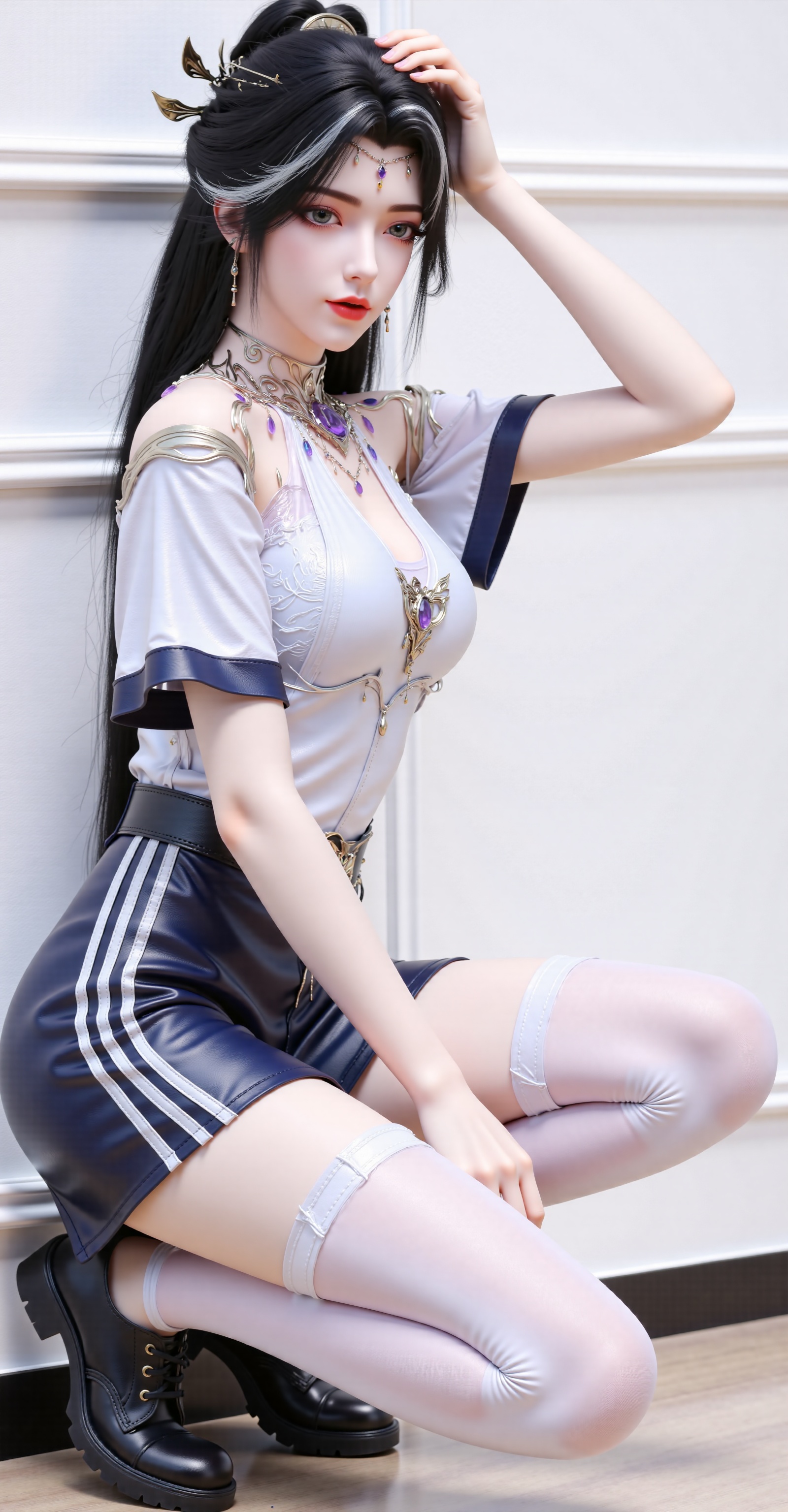 monv,A young woman with long hair and a high ponytail is wearing a white short sleeved T-shirt with dark blue edges on the collar and cuffs. She paired a pair of dark blue shorts with two white stripes on the side. She was wearing white stockings and black thick soled shoes. Her long hair was draped over her shoulders,with one hand on her knee and the other on her head. The background is a white wall.,
