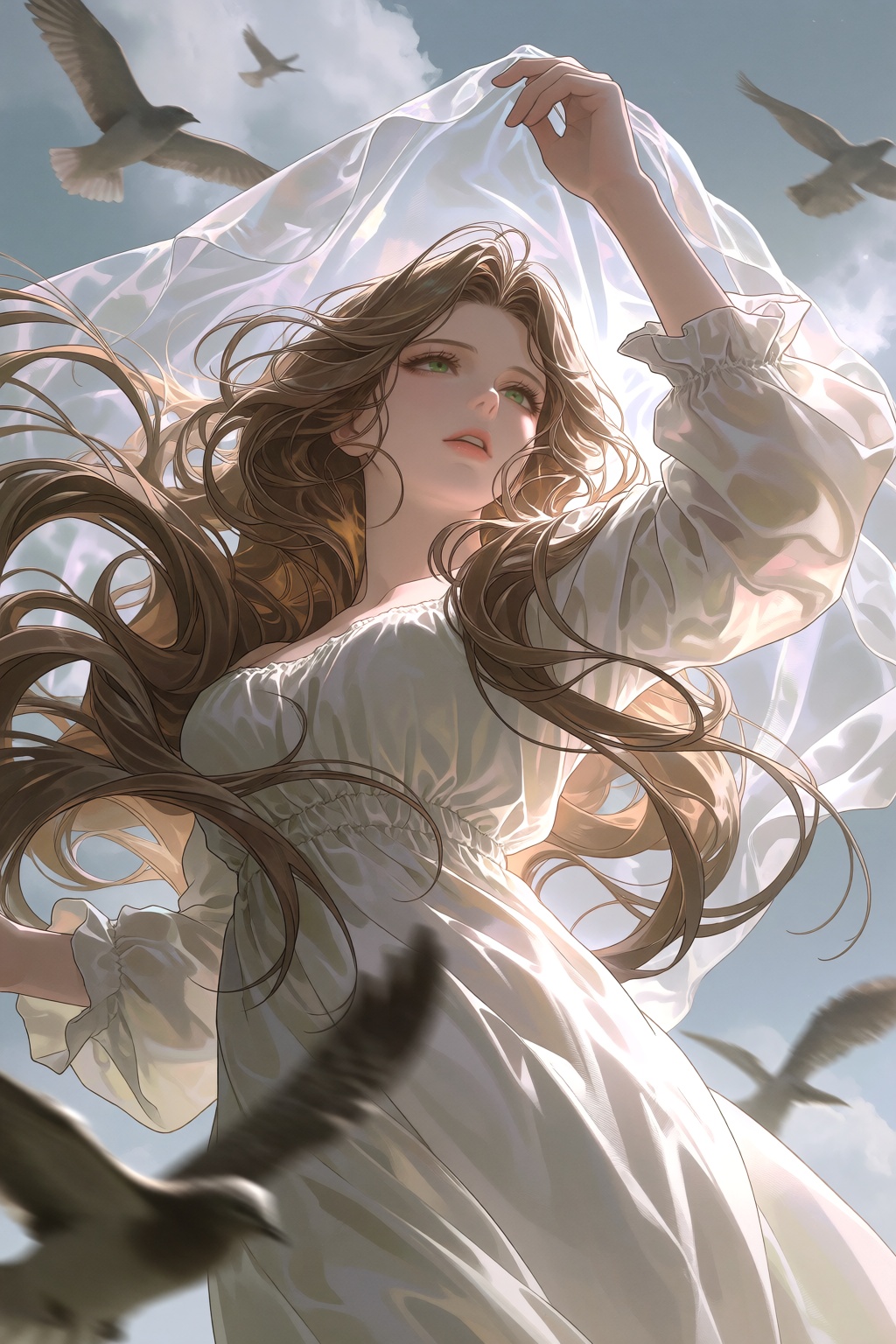 In a low-angle shot,  a woman with very long brown hair and green eyes looks upward against a cloudy sky,  wearing a long...