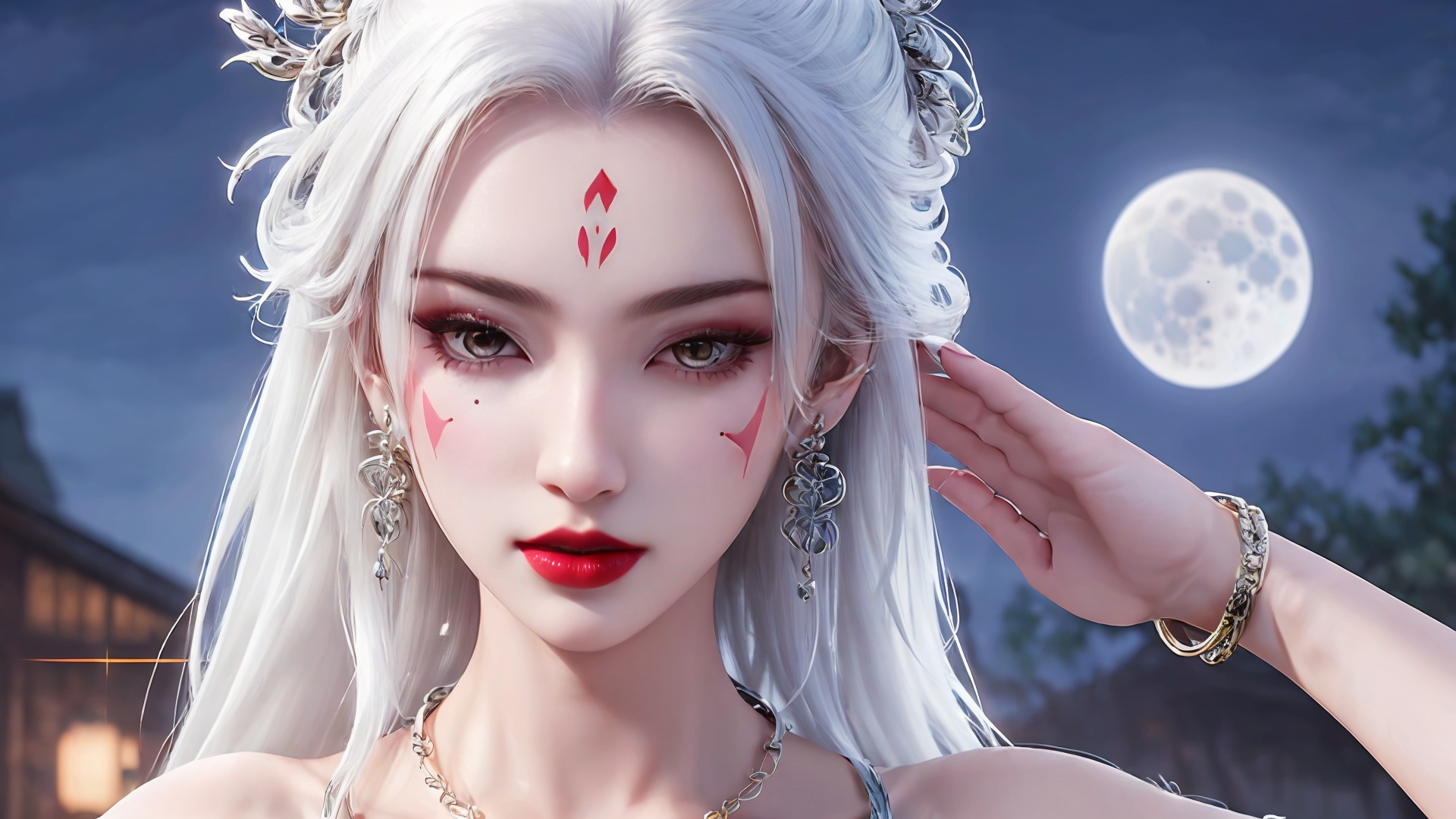 1girl, moon, jewelry, necklace, solo, bracelet, white hair, earrings, facial mark, long hair, night, hair ornament, looking at viewer, bare shoulders, full moon, forehead mark, upper body, red lips, dress<lora:girl miaojiangxiaobai_20240912173536:0.8>,
