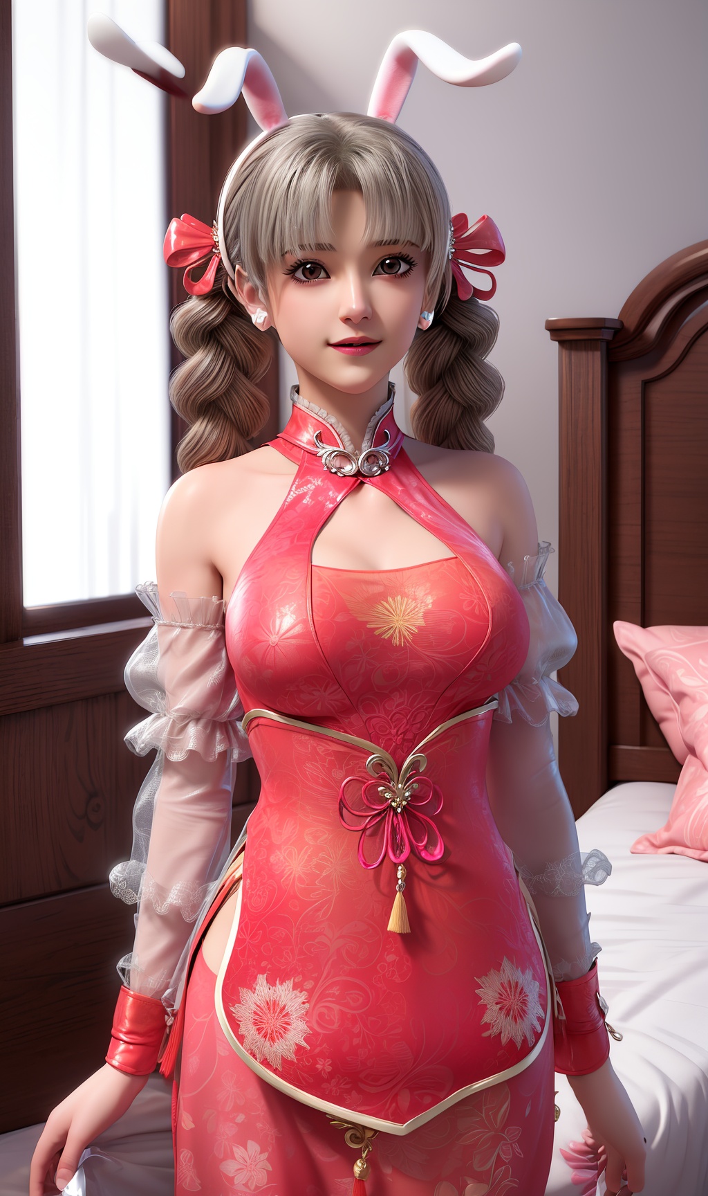 masterpiece,(best quality),official art, extremely detailed cg 8k wallpaper,((crystalstexture skin)), (extremely delicate and beautiful),highly detailed,hair_ribbon,twin_braids,animal_ears,1girl,solo,long hair,headwear,(standing),( hair),(dress:0.987),(chinese clothes:0.897),(tight_pants:0.988),((upper body)),sweet smile, (medium breasts),((hair_ornament)),detached_sleeves,clothing_cutout,(sunshine, indoor,(bed)),((looking_at_viewer)), <lora:hipoly3DModelLora_v10:0.3>