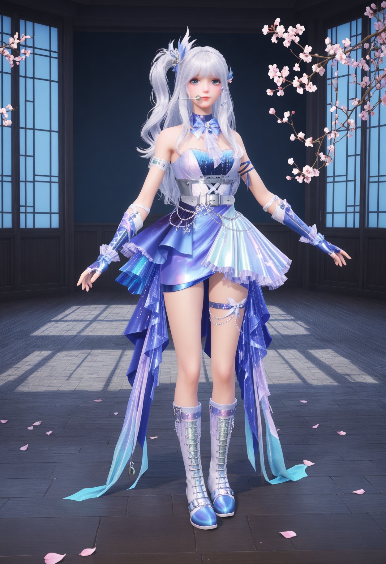 (full_body:1.2),(looking at viewer:1.1),facing viewer,direct gaze,(masterpiece:1.1),(best quality:1.2),(intricate details),(smog:1.3),(Dark room:1.3),(dim lighting:1.3),peach blossom,falling petals,<lora:YQ_Illustrious光辉v5_暖暖23_星屑小梦曲_V1:0.8>,1girl,q1528437228,long hair,white hair,hair ornament,dress,fingerless gloves,boots,blue eyes,skirt,grey eyes,jewelry,one side up,belt,masterpiece,(best quality),(intricate details:0.9) BREAK (intricate details:0.9),(realistic skin:1.2),masterpiece,best quality,newest,absurdres,hiahres,