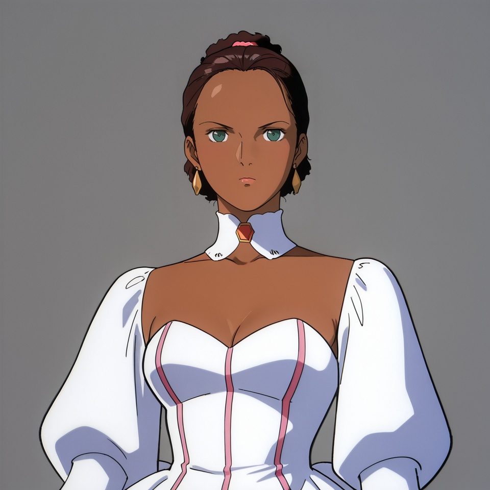 masterpiece, best quality,grey background,looking at viewer,SOLO,simple background,  retro artstyle, anime_style, cc_2345_style, gundam_∀_style, gundam_turn_a_style<lora:C.C.2345-TrunA-ill:0.8>