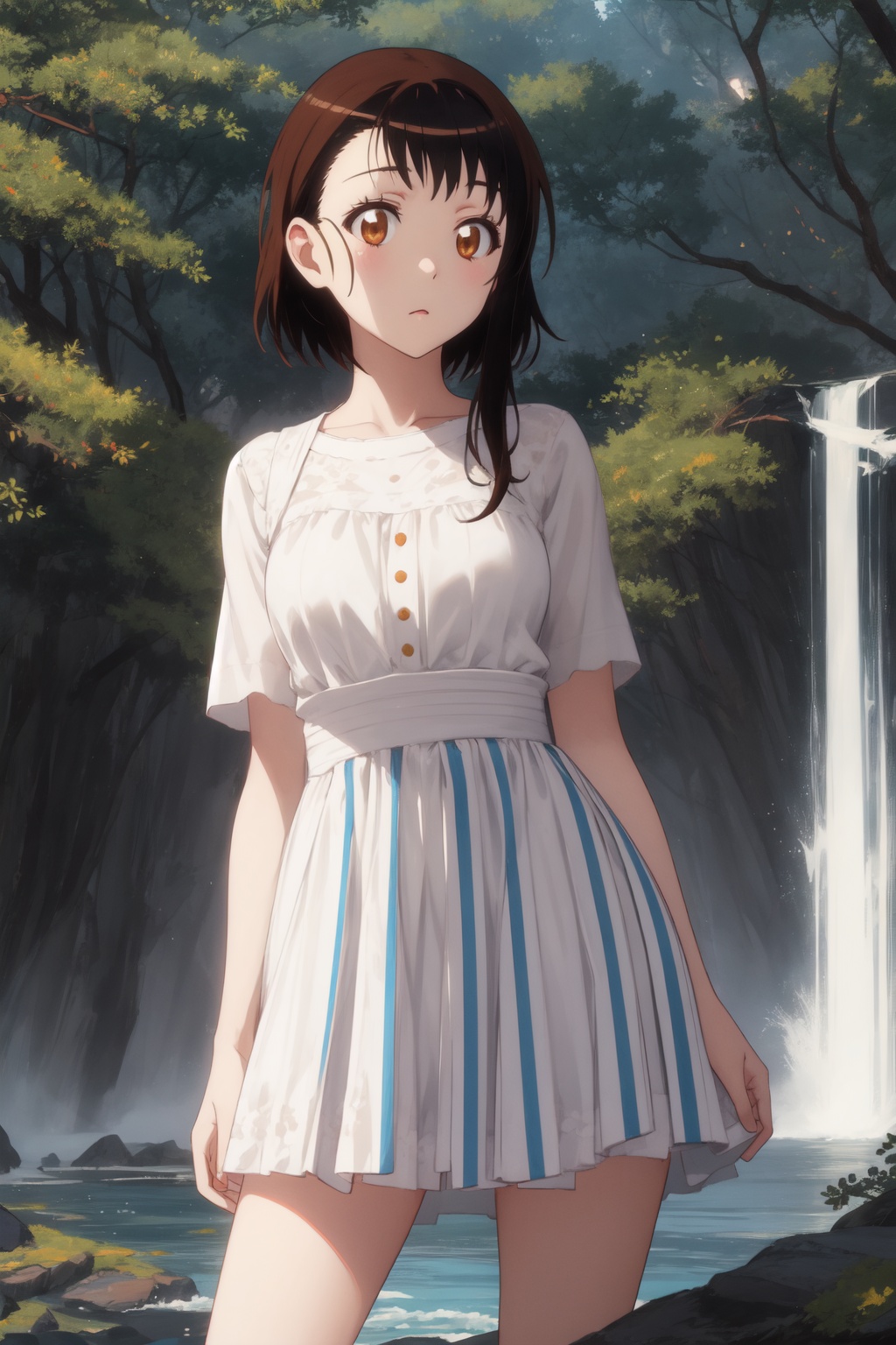 <lora:Kosaki-000013:0.8>,Kosaki CYQL,1girl,looking at viewer,solo,brown hair,short hair,asymmetrical hair,brown eyes,Striped fit and flare dress,sleepy,panorama,Waterfall, Jungle, Hidden, Serenity, Mist, Trees, Rocks, Discovery,(Sea oats, Beach grass, Sand dunes, Sea breeze, Soft twilight, Seagulls:0.5),beautiful detailed sky,beautiful detailed glow,posing in front of a colorful and dynamic background,masterpiece,best quality,beautiful and aesthetic,contrapposto,female focus,wallpaper,