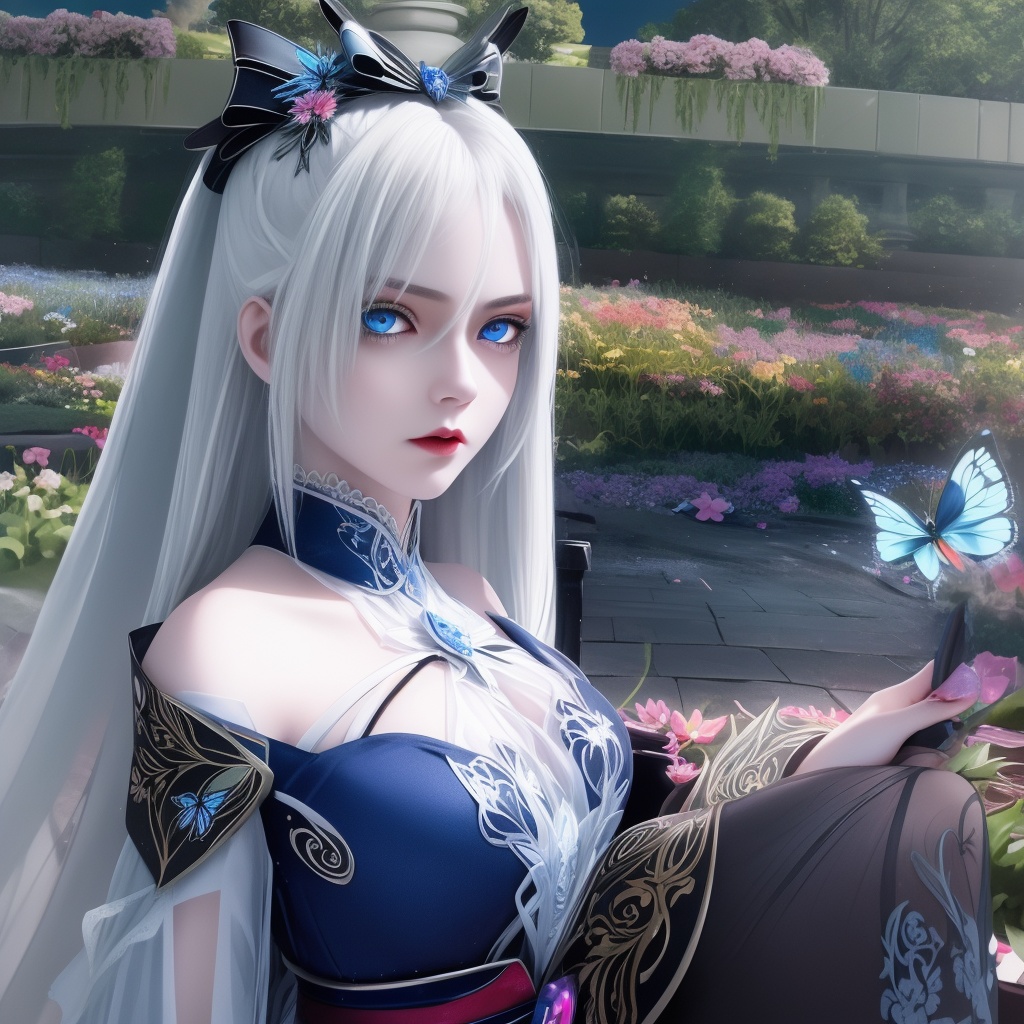<lora:799-DA-神墓-楚钰:0.8>, (masterpiece),(best quality),night,glowing eyes,gothic,long dress, 1 girl, solo, long white hair, blue eyes, detailed eyes, blink and youll miss it detail,butterfly, flower garden, high quality, floral background, very detailed,off shoulde